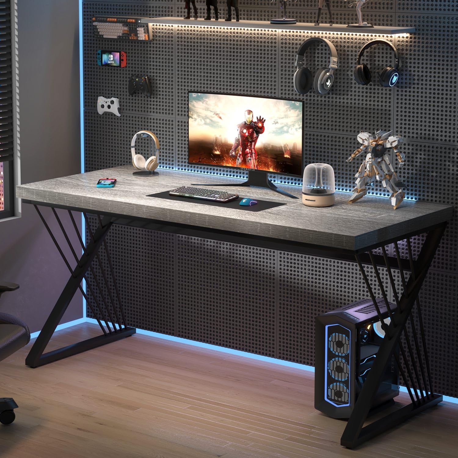 Modern Desk, Rustic Wood and Metal Computer Desks for Home Office, Simple Study Writing Work Table for Bedroom Living Room, Light Grey, 60 Inch