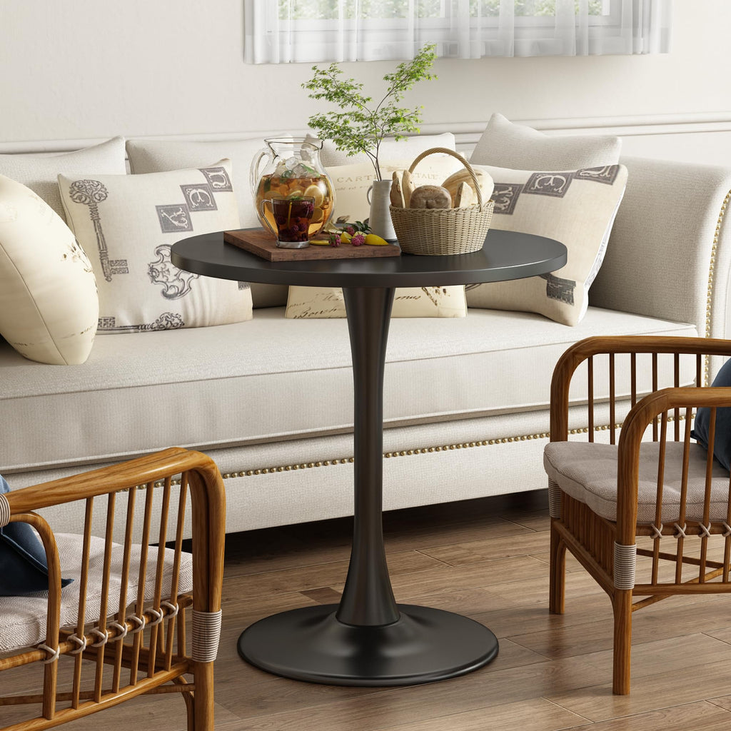 Round Dining Table 27.5" Circle Tulip Table with Wood Thickened Tabletop & Sturdy Metal Pedestal Mid Century Modern Leisure Bistro Kitchen Tables 4 People Small Places Living Room Cafe,Black