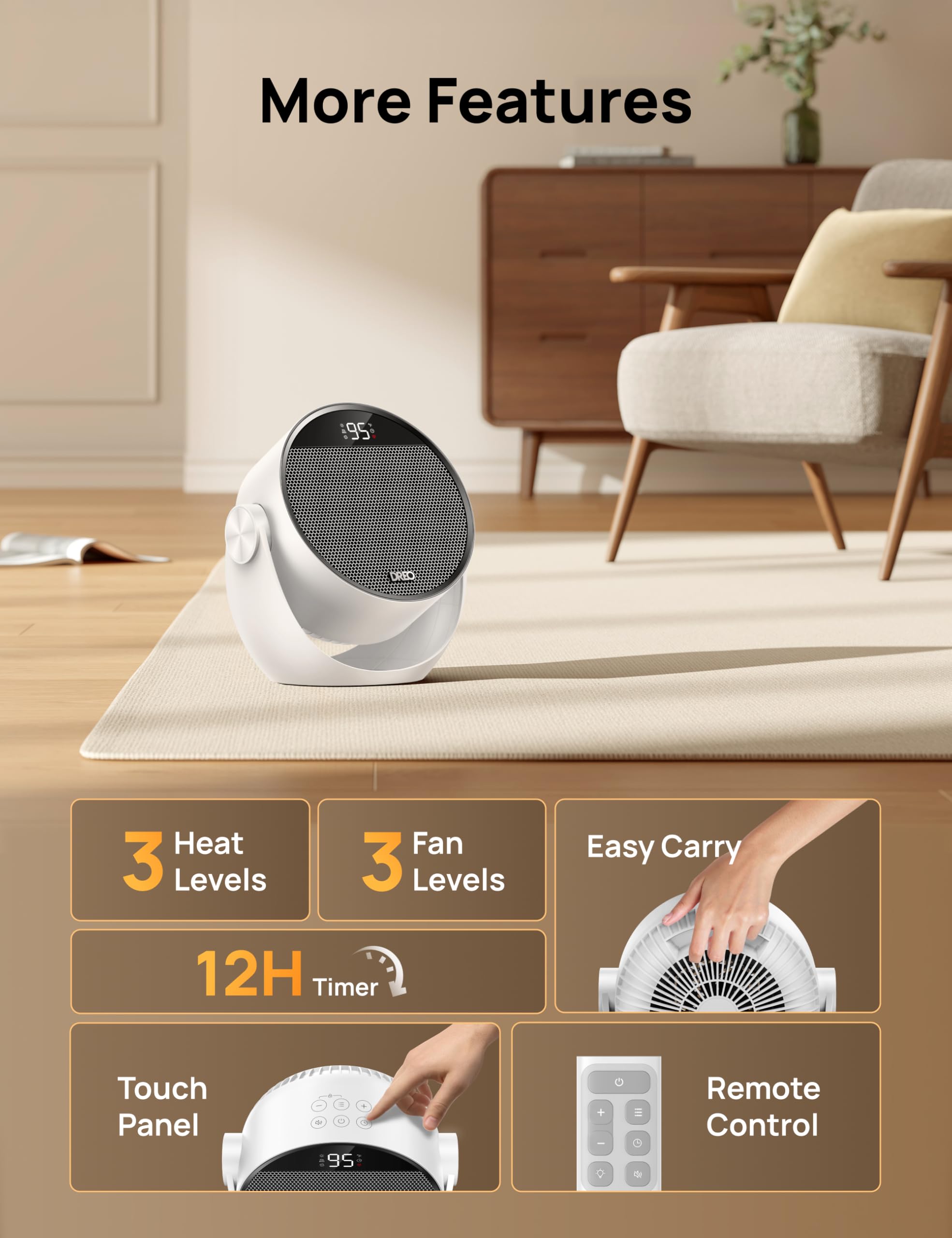 Space Heater 1500W, 60° Adjustable Tilt, 10.5ft/s Portable Electric Heaters for Indoor Use with Thermostat, 8 Safety Protections, 3 Modes, Remote, Quiet Desk Heater for Bedroom, Office, White