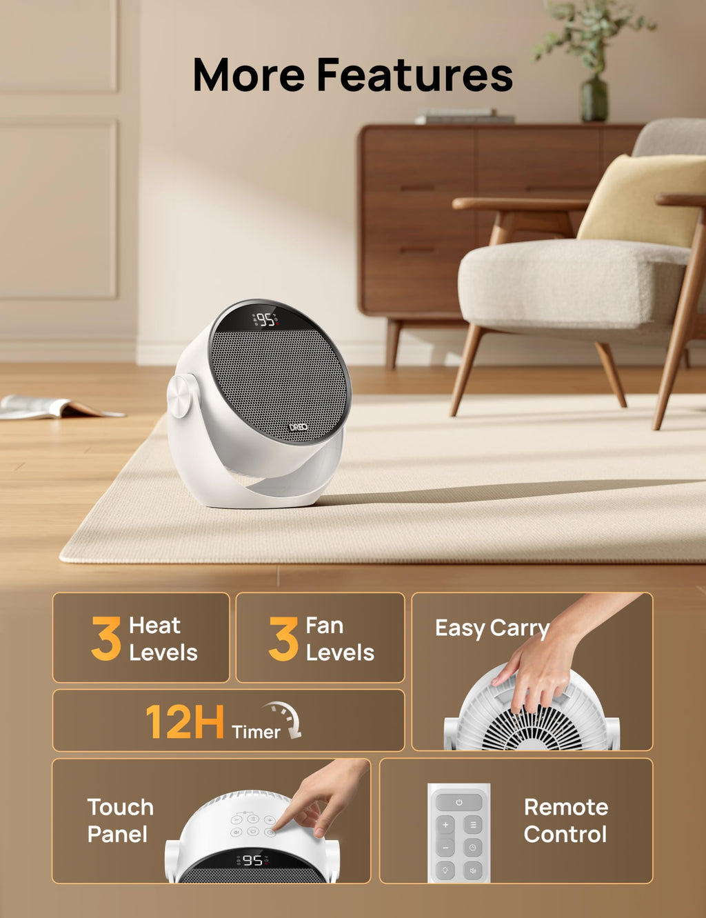 Space Heater 1500W, 60° Adjustable Tilt, 10.5ft/s Portable Electric Heaters for Indoor Use with Thermostat, 8 Safety Protections, 3 Modes, Remote, Quiet Desk Heater for Bedroom, Office, White