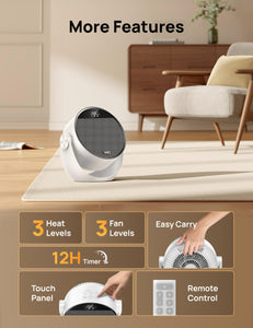 Space Heater 1500W, 60° Adjustable Tilt, 10.5ft/s Portable Electric Heaters for Indoor Use with Thermostat, 8 Safety Protections, 3 Modes, Remote, Quiet Desk Heater for Bedroom, Office, White