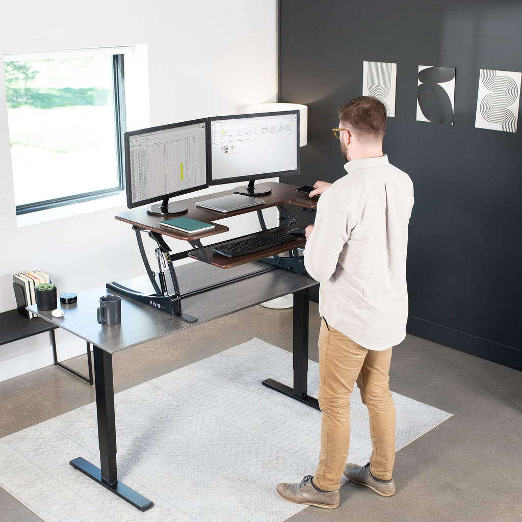 42 inch Height Adjustable Stand Up Desk Converter, V Series, Quick Sit to Stand Tabletop Dual Monitor Riser Workstation, Dark Walnut Top, Black Frame, DESK-V000VLD