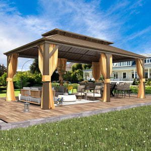 12' x 20' Hardtop Gazebo, Aluminum Frame Gazebos with Galvanized Steel Double Roof, Permanent Outdoor Metal Pavilion with Curtain and Netting for Patio, Lawn, Deck