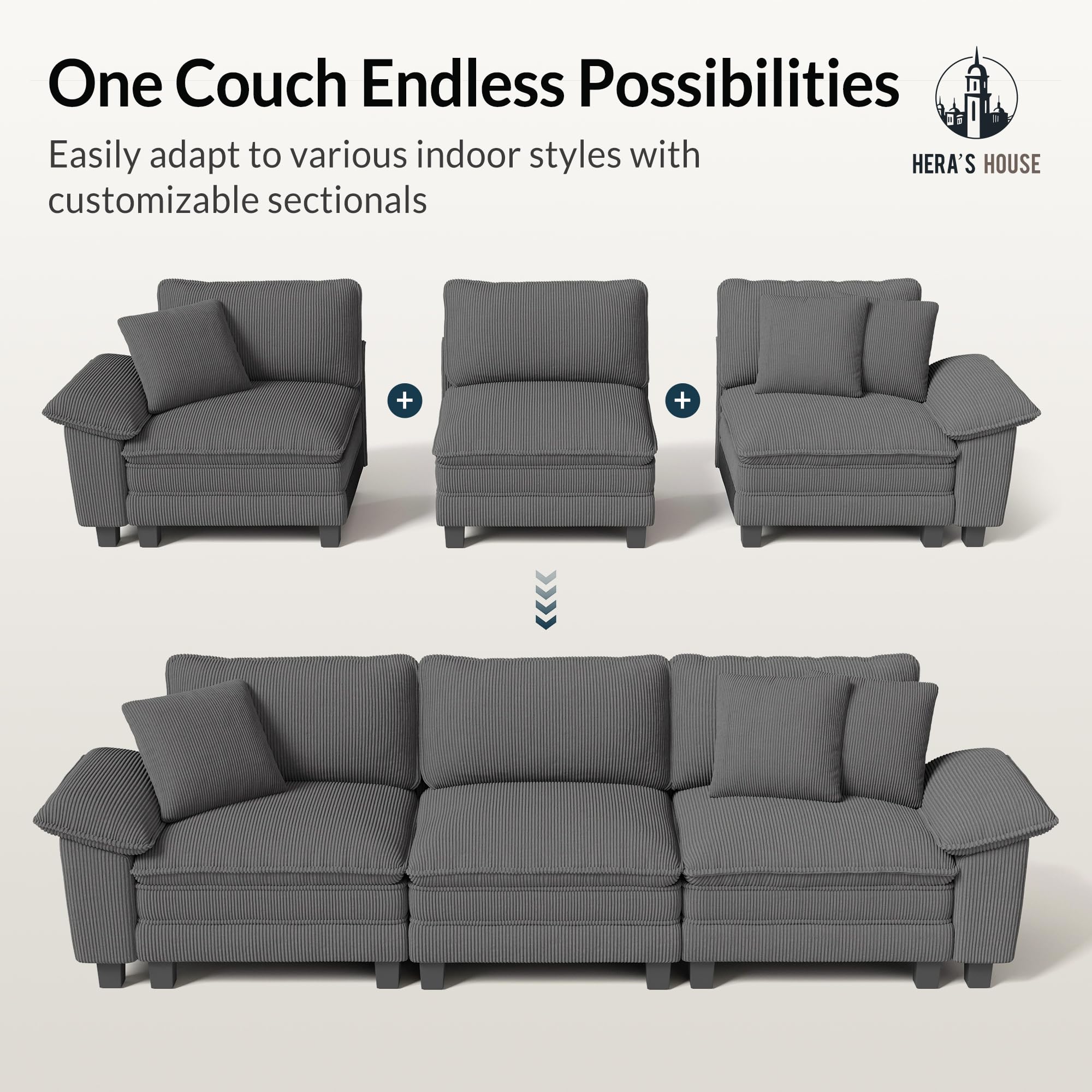 158" Modular Sectional Sofa, Oversized Couches for Living Room, Comfy Cloud Couch 4-Seater Deep Seat Sofa with Throw Pillow, Corduroy Grey