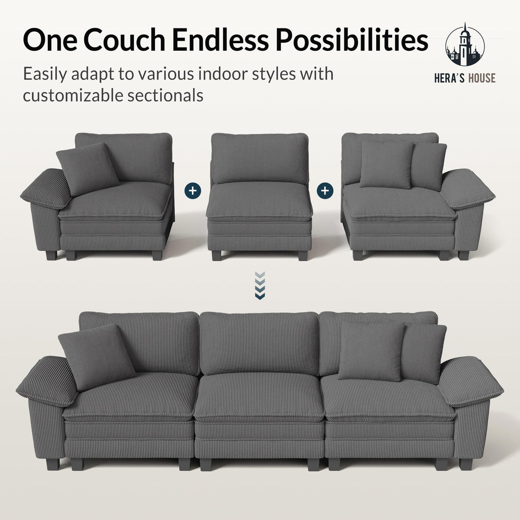 158" Modular Sectional Sofa, Oversized U Shaped Couches for Living Room, Comfy Cloud Couch with Ottoman, 6-Seater Deep Seat Sofa with Throw Pillow, Corduroy Grey