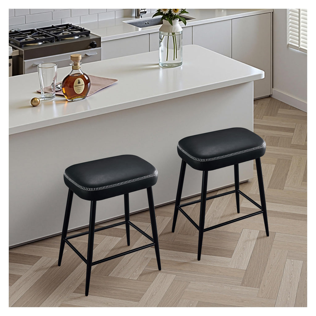 Bar Stools Set of 2, 24 Inch Counter Height Bar Stool for Kitchen Island, Modern Kitchen Bar Stools with Sturdy Metal Base and Thickened Cushion, Black