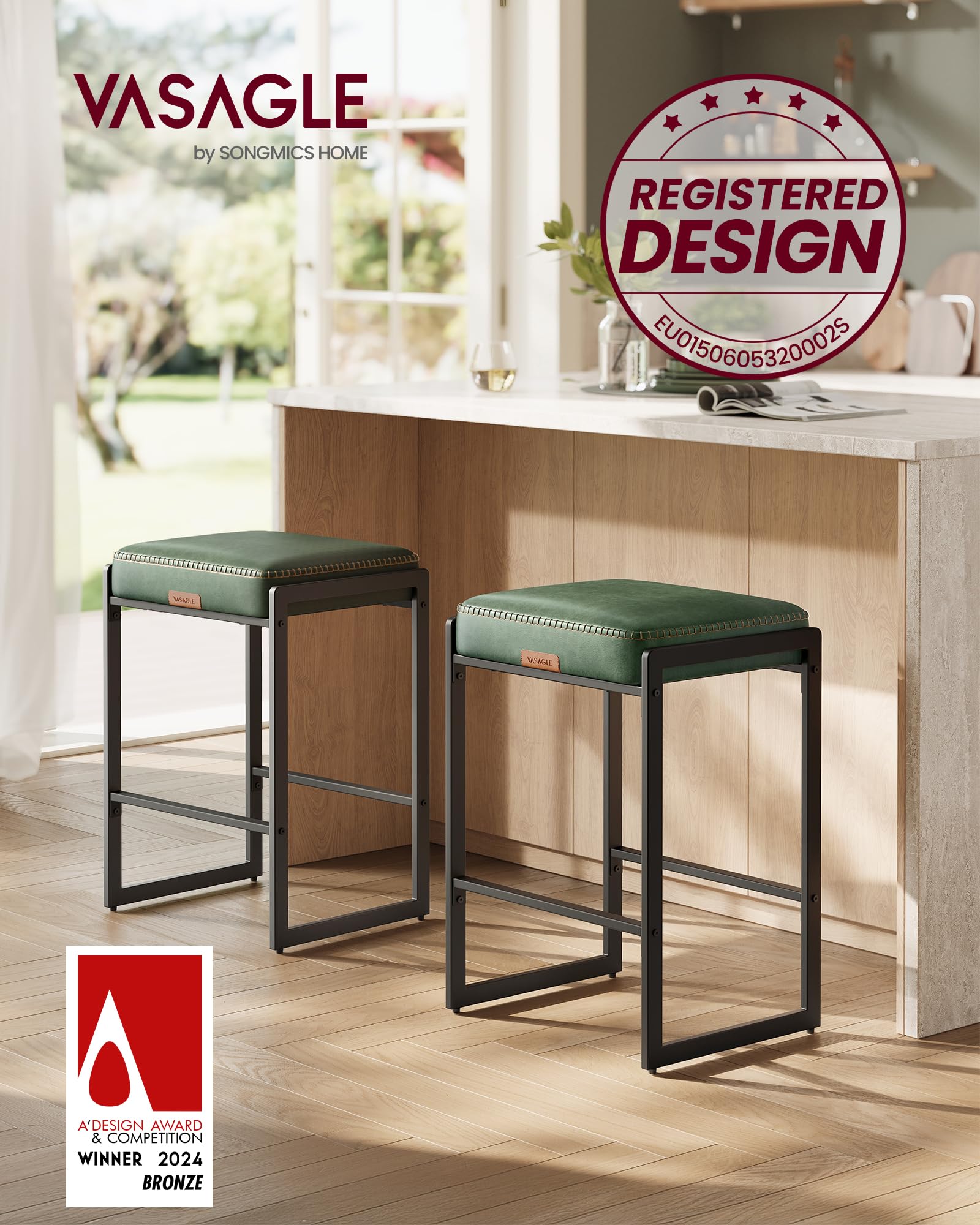 Bar Stools Set of 2, Counter Height Bar Stools, Synthetic Leather with Stitching, Mid-Century Modern Counter Stools, 26-Inch Tall, Kichen Home Bar Dining Room, Forest Green