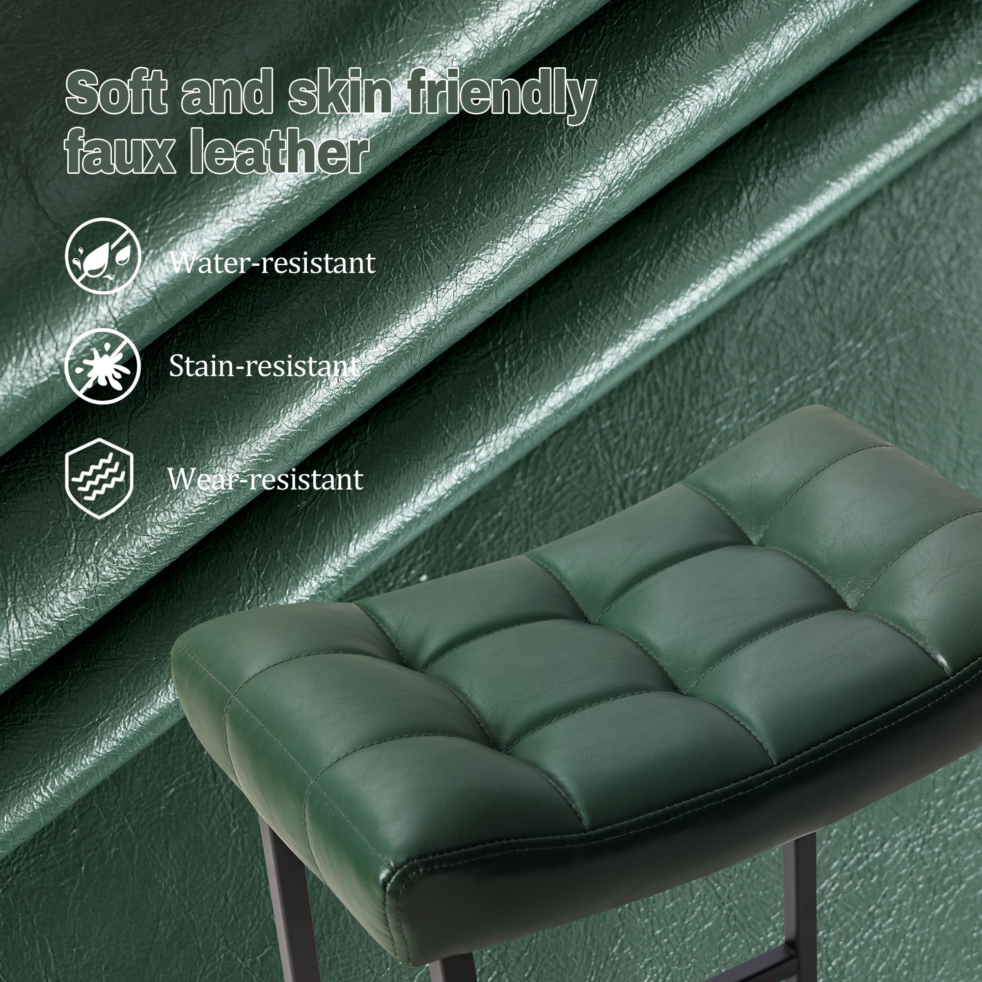 Modern Bar Stools Set of 3 for Kitchen Counter 24 inch Counter Height Backless Barstools with Upholstered Faux Leather Saddle Seat and Metal Frame Industrial Bar Chairs, Dark Green