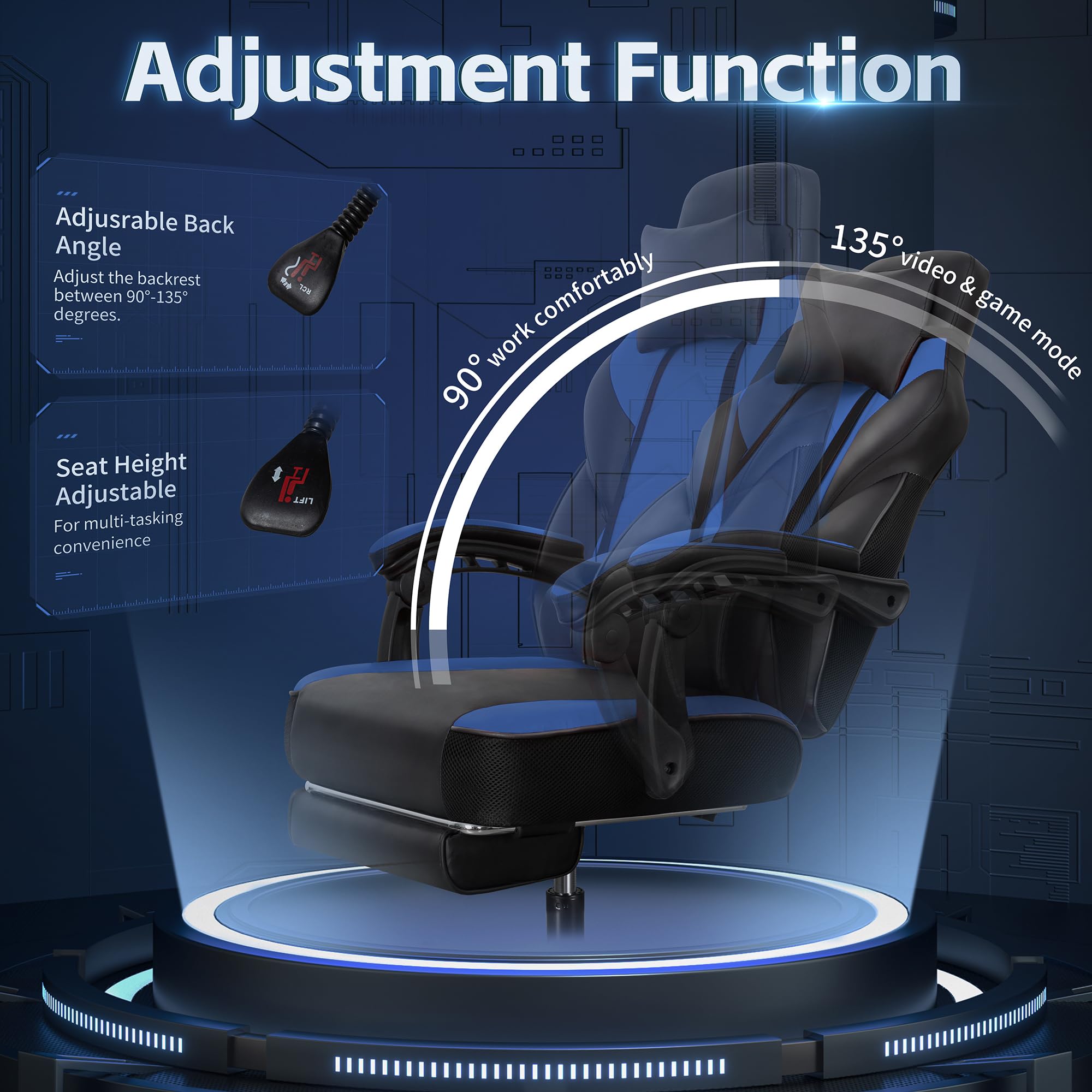 Gaming Chairs for Adults, Computer Chair with Footrest and Ergonomic High Back, Big and Tall Gamer Chairs with Massage Lumbar Support, 360° Swivel Height Adjustable Gaming Chair, Blue