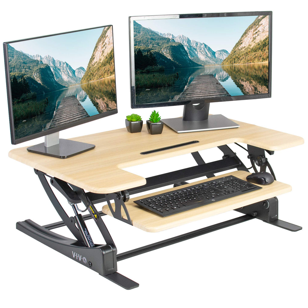 36 inch Height Adjustable Stand Up Desk Converter, V Series, Quick Sit to Stand Tabletop Dual Monitor Riser Workstation, Light Wood Top, Black Frame, DESK-V000VO