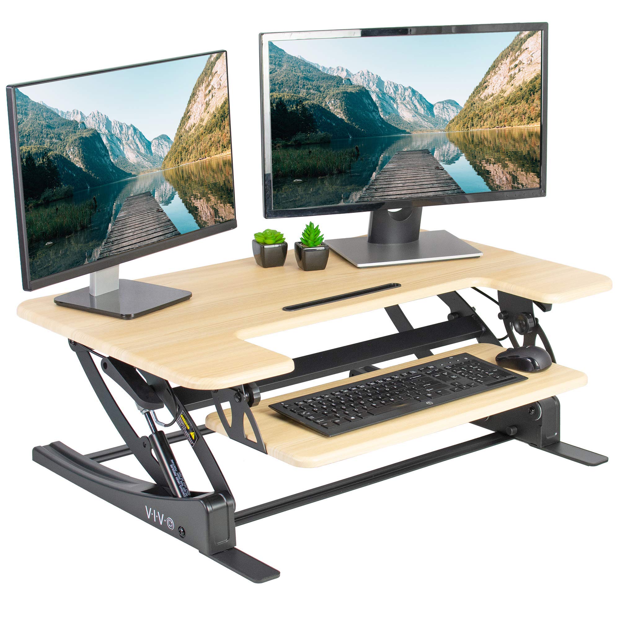36 inch Height Adjustable Stand Up Desk Converter, V Series, Quick Sit to Stand Tabletop Dual Monitor Riser Workstation, Light Wood Top, Black Frame, DESK-V000VO