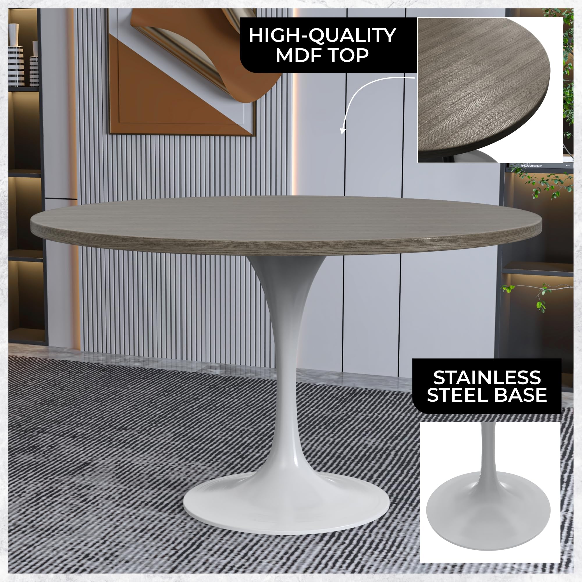 Mid-Century Modern 48 Inch Round Dining Table, MDF Wood Tabletop with White Steel Pedestal Base, Large Pedestal Kitchen & Dining Room Table, Breakfast Nook Table (Dark Maple)