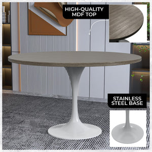 Mid-Century Modern 48 Inch Round Dining Table, MDF Wood Tabletop with White Steel Pedestal Base, Large Pedestal Kitchen & Dining Room Table, Breakfast Nook Table (Dark Maple)