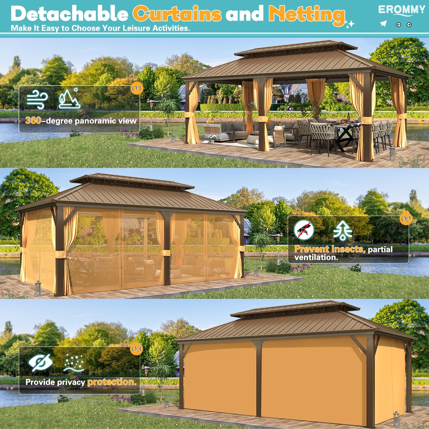 12' x 20' Hardtop Gazebo, Aluminum Frame Gazebos with Galvanized Steel Double Roof, Permanent Outdoor Metal Pavilion with Curtain and Netting for Patio, Lawn, Deck