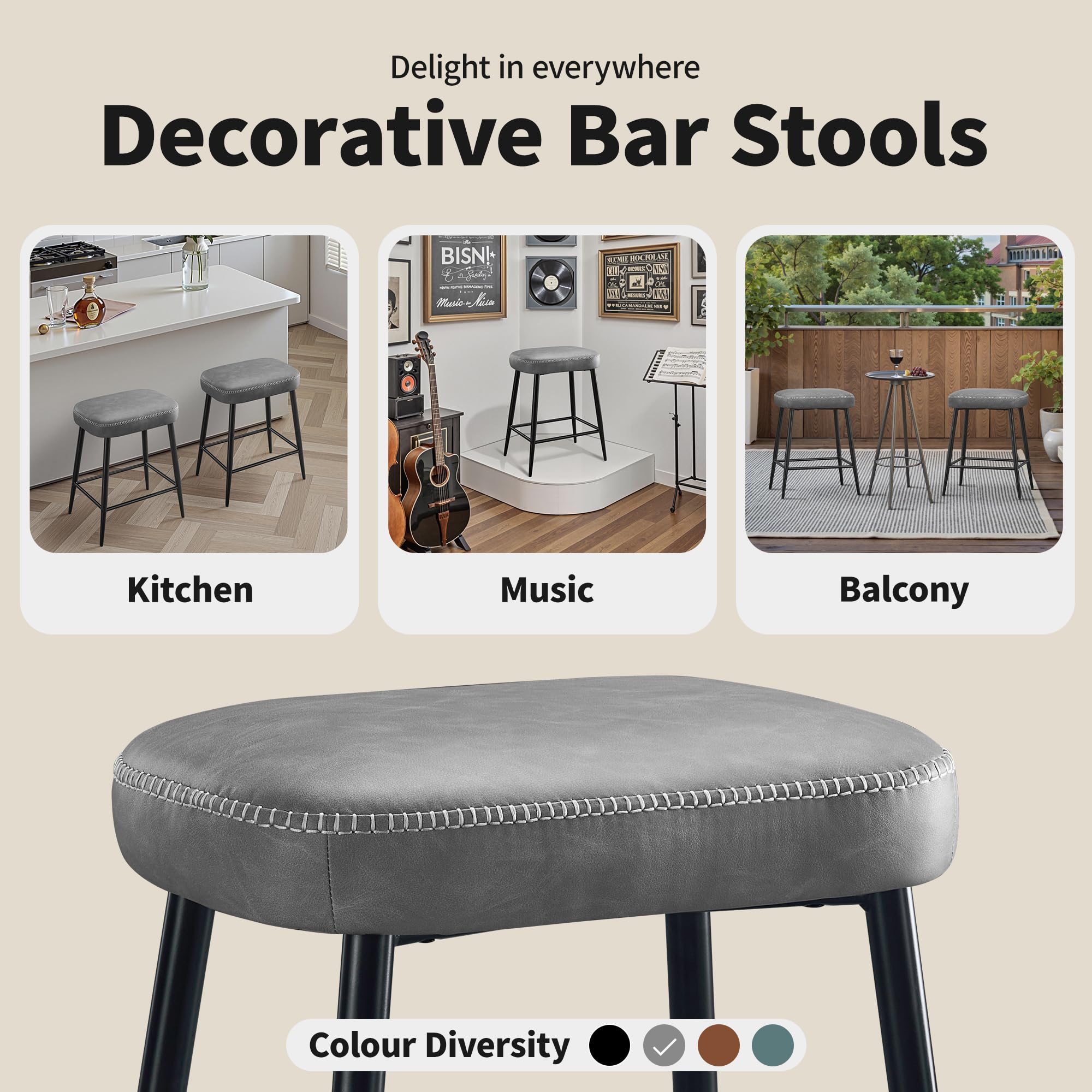 Bar Stools Set of 2, Counter Height Bar Stools for Kitchen Island, 24 Inch Kitchen Bar Stools for Kitchen Counter, Modern Leather Bar Chairs with Footrest and Metal Base, Gray