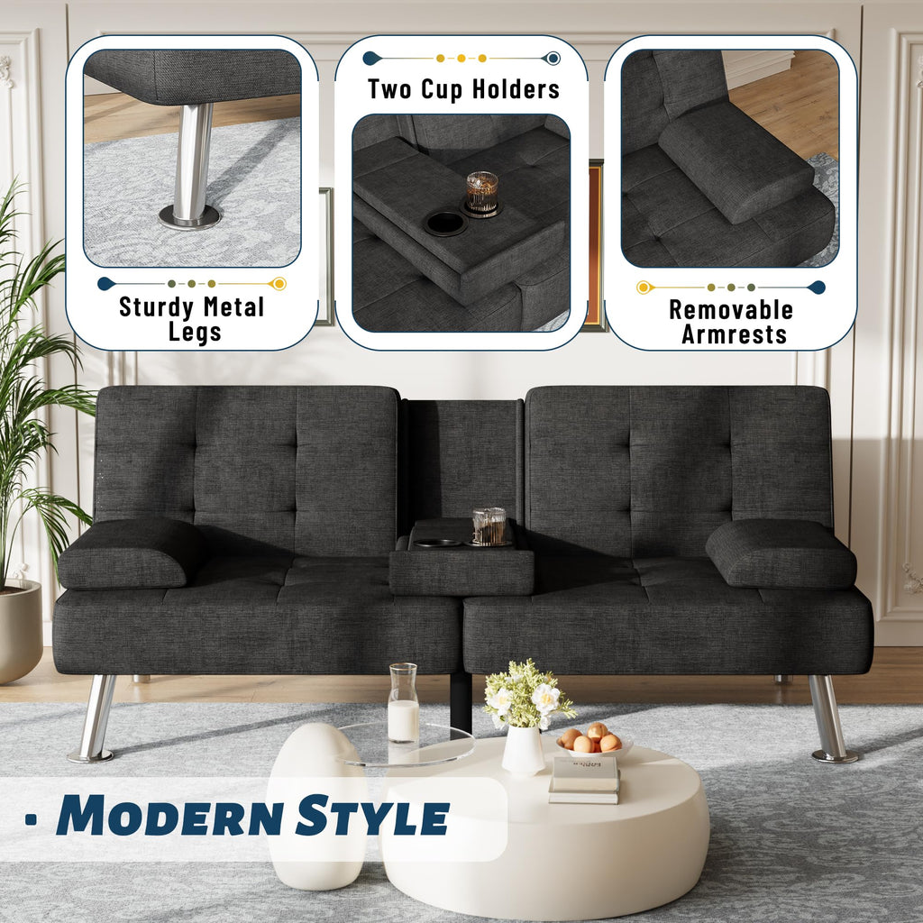 Sofa Bed Adjustable Futon Couch Sleeper Sofa Bed for Living Room, Business Office, Recliner Sofas with Cup Holders (Fabric, Black)