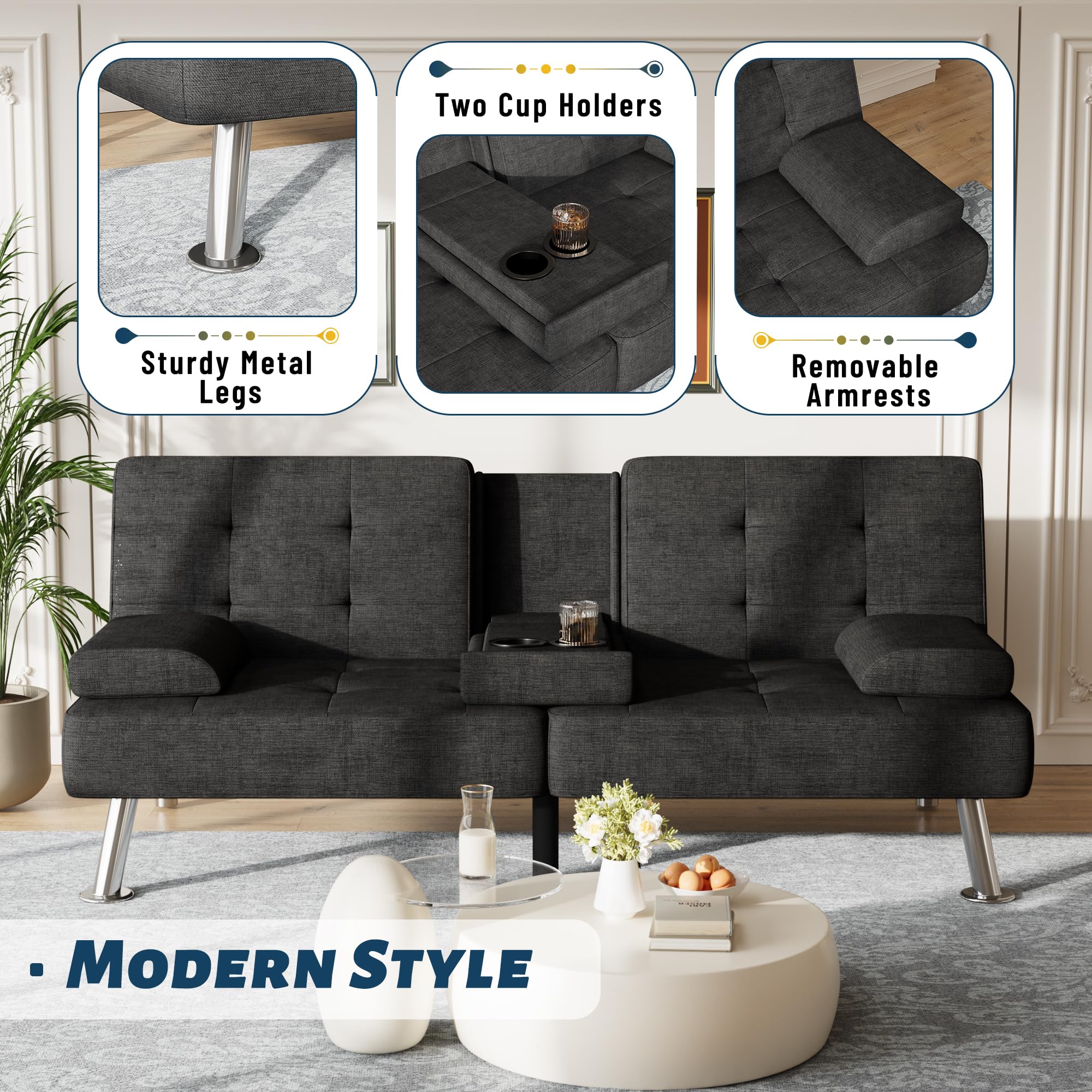 Sofa Bed Adjustable Futon Couch Sleeper Sofa Bed for Living Room, Business Office, Recliner Sofas with Cup Holders (Fabric, Black)