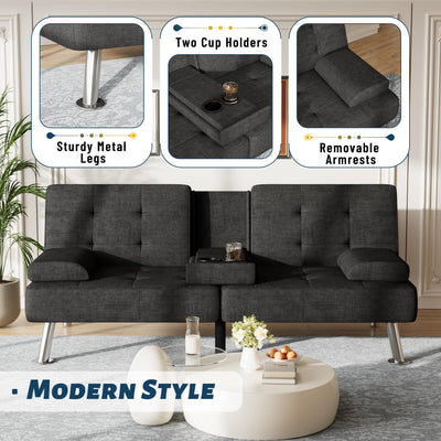 Sofa Bed Adjustable Futon Couch Sleeper Sofa Bed for Living Room, Business Office, Recliner Sofas with Cup Holders (Fabric, Black)