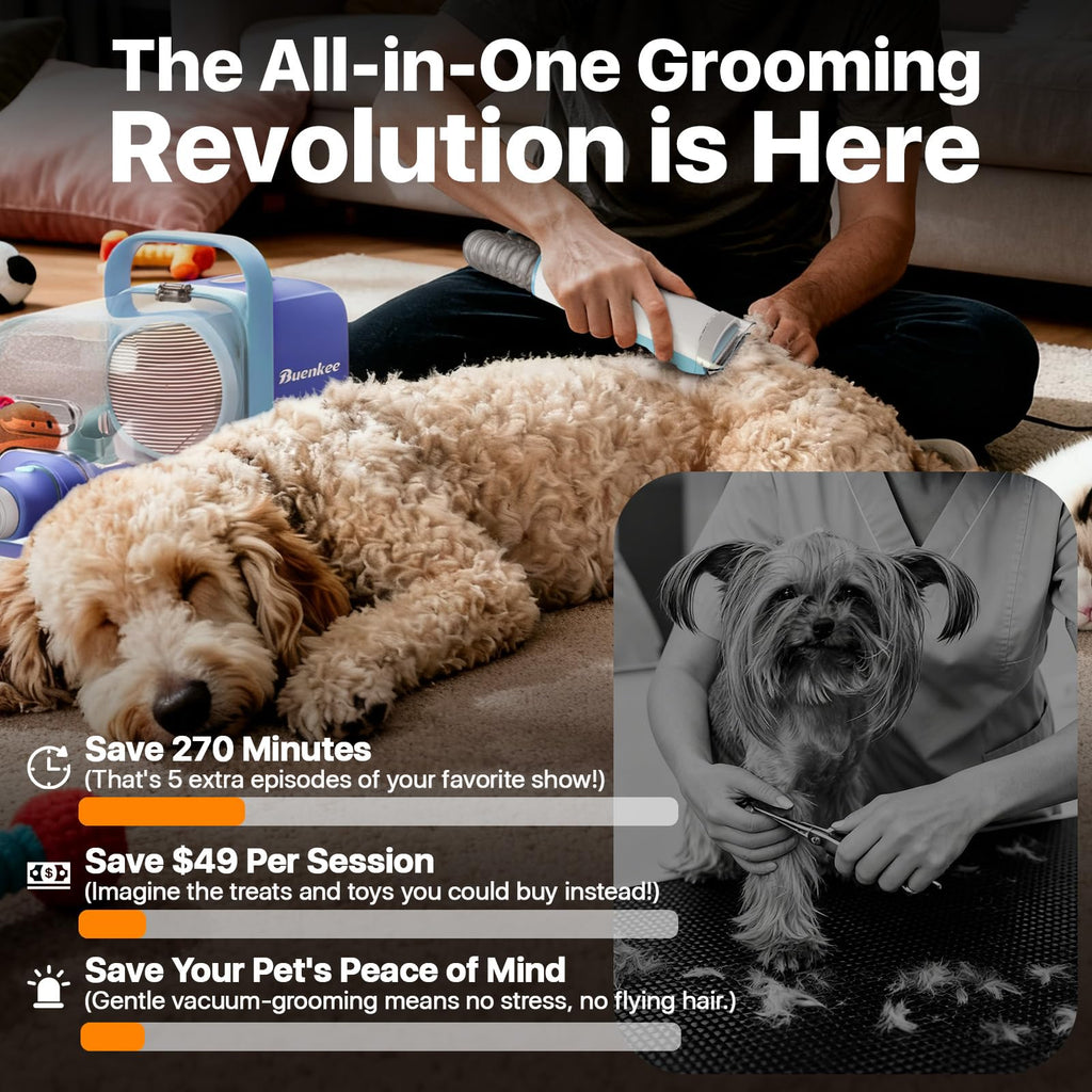 Dog Grooming Kit with Vacuum, 15000Pa Pet Hair Clipper and Shedding Brush, 50dB Low Noise, 2L Capacity, White