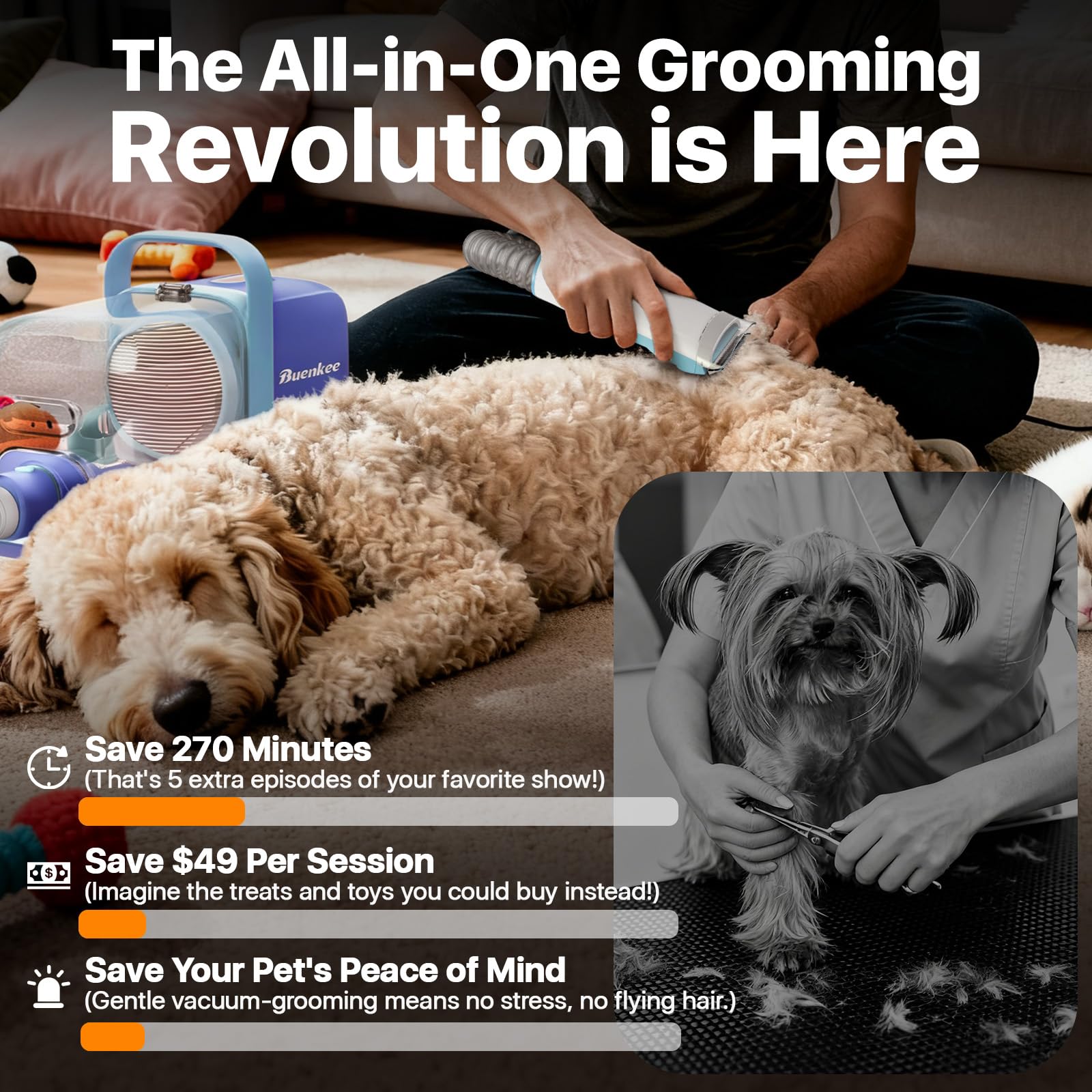 Dog Grooming Kit with Vacuum, 15000Pa Pet Hair Clipper and Shedding Brush, 50dB Low Noise, 2L Capacity, White