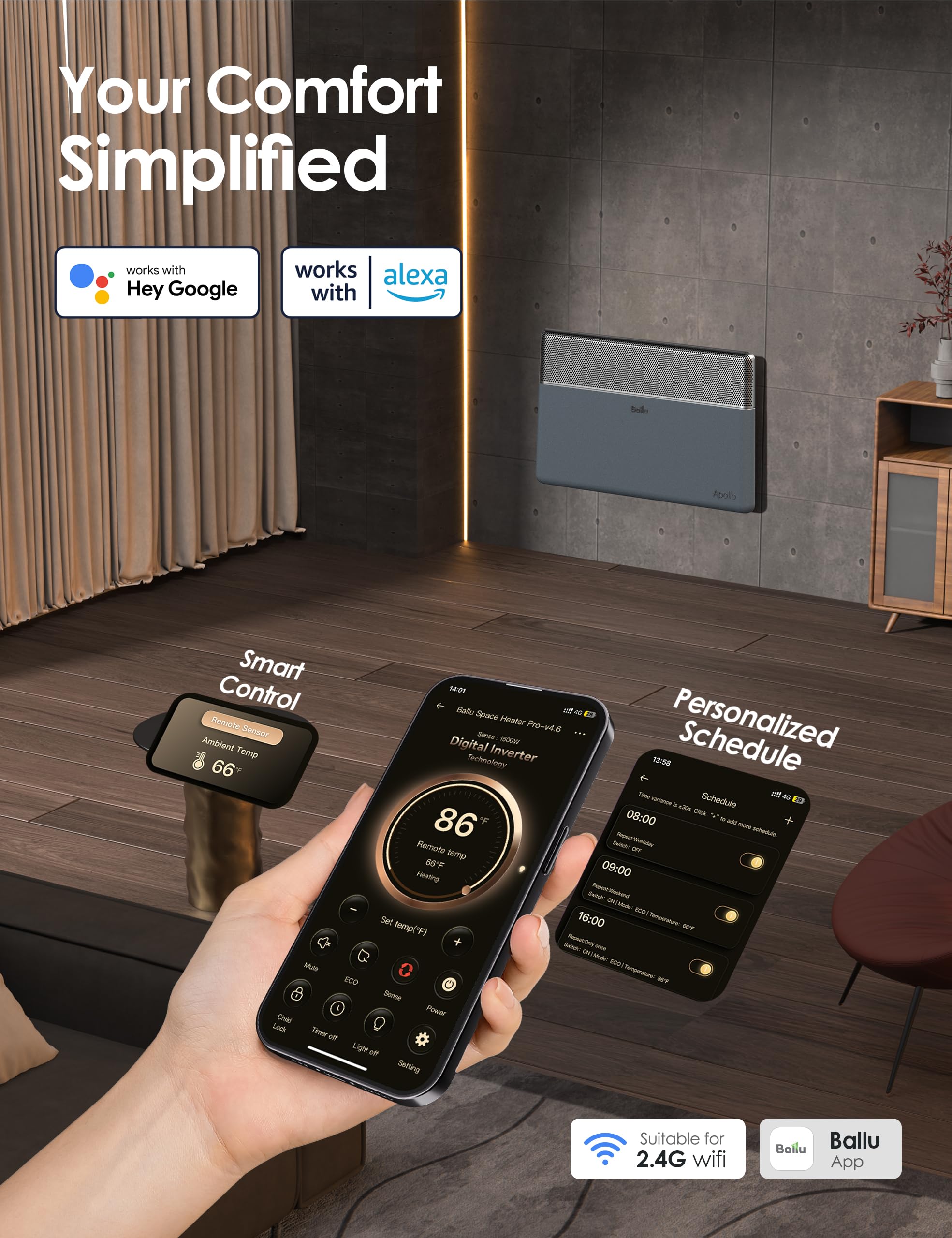 Convection Panel Space Heater for Large Room,Smart Quiet Heater with Programmable Thermostat,WiFi App Control,