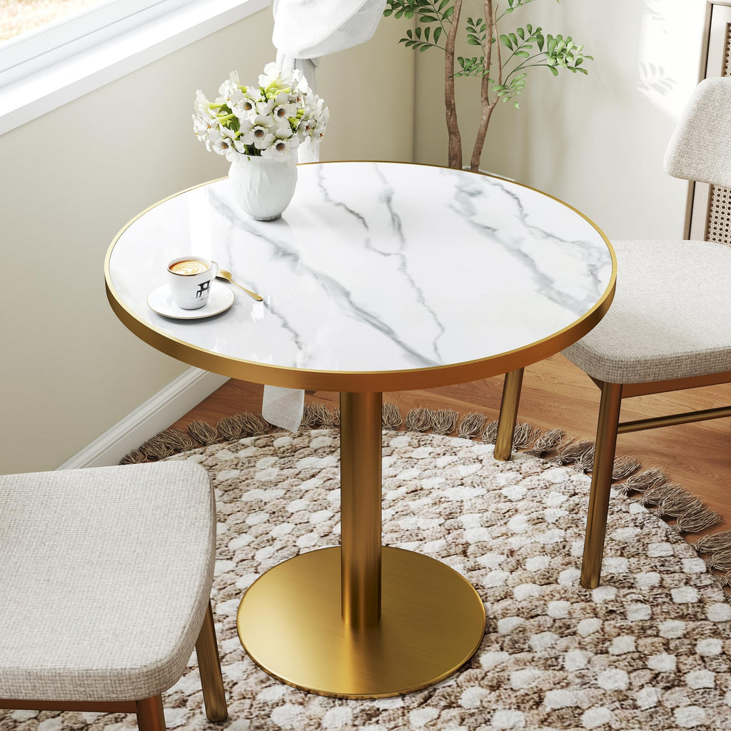 31.5" Tulip Table,Round Kitchen Dining Table for 2-4 with Thick Sintered Stone Top,Titanium Golden Pedestal Base,Heat-Resistant,Bistro Table for Dining Room,Café,Small Space（Flowing Traces）