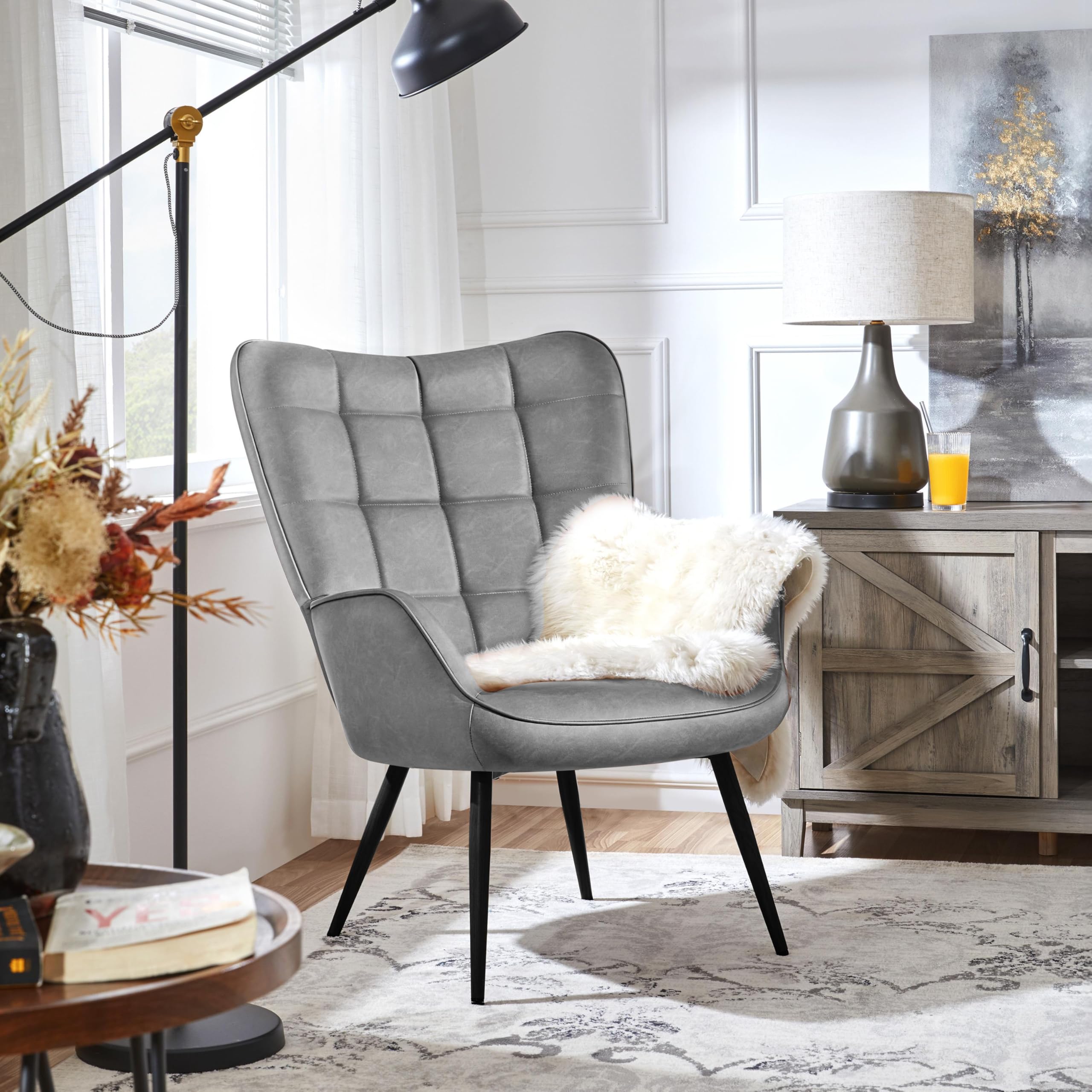 Accent Chairs, Large PU Leather High-Back Chair w/Metal Legs, Pottery Barn Style Living Room Chairs for Bedroom/Home Office, Gray