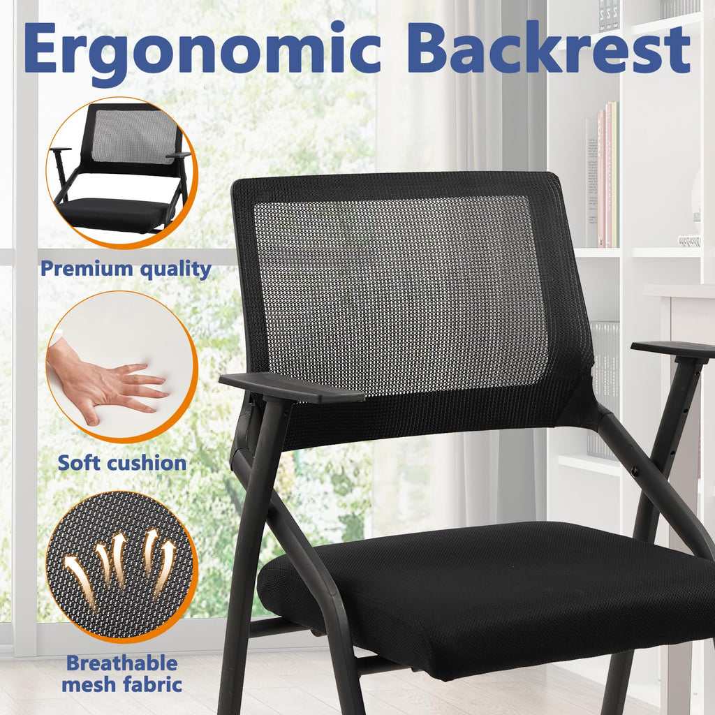 Stackable Foldable Conference Room Chairs with Wheels, Portable Padded Office Desk Chair with Lumbar Support and Armrest for Training Room, Guest, Reception, Black (1pk)