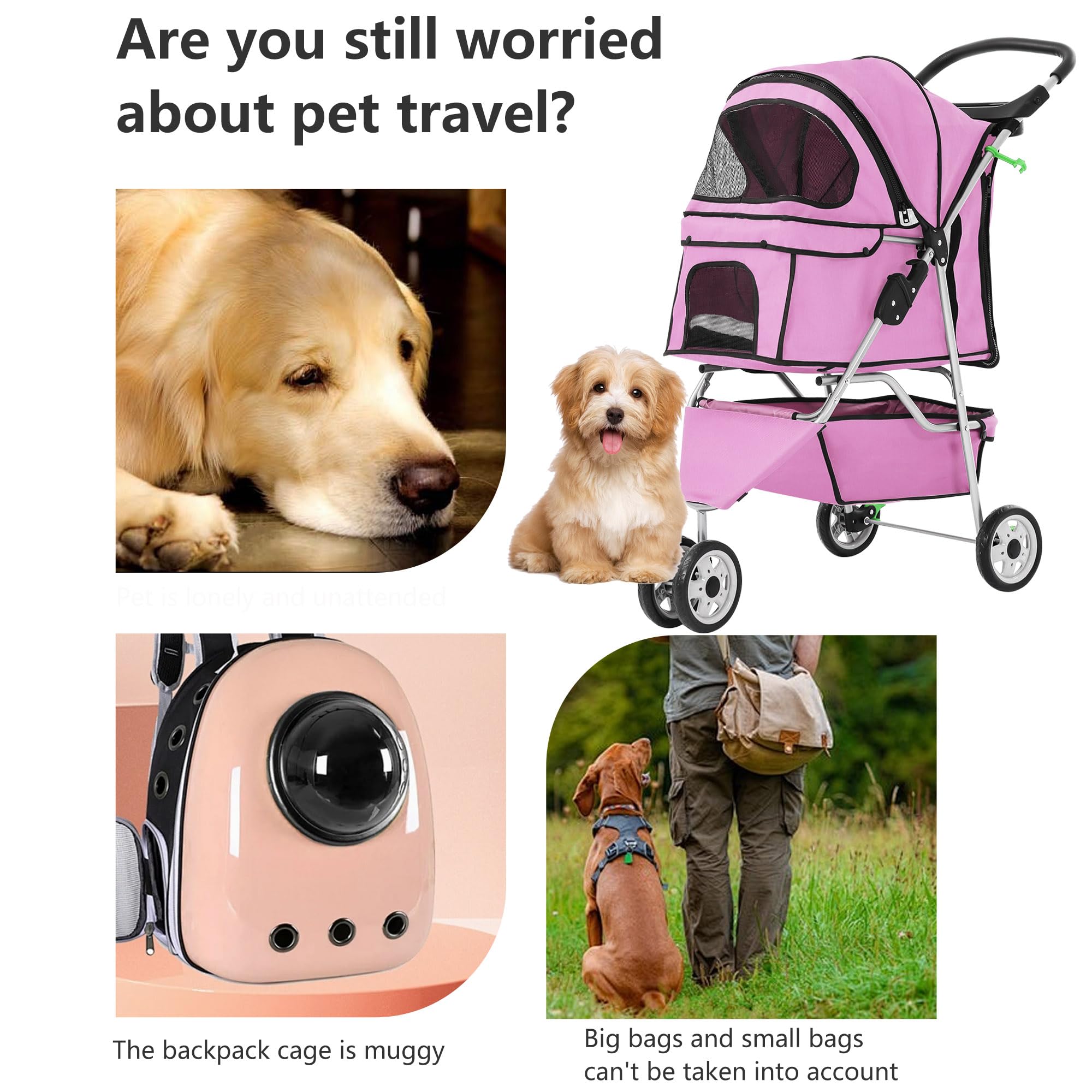 3-Wheel Pet Stroller Foldable Dog Cat Jogger Stroller Durable Travel Folding Carrier with Storage Basket Cup Holder,Peach Pink