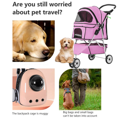 3-Wheel Pet Stroller Foldable Dog Cat Jogger Stroller Durable Travel Folding Carrier with Storage Basket Cup Holder,Peach Pink