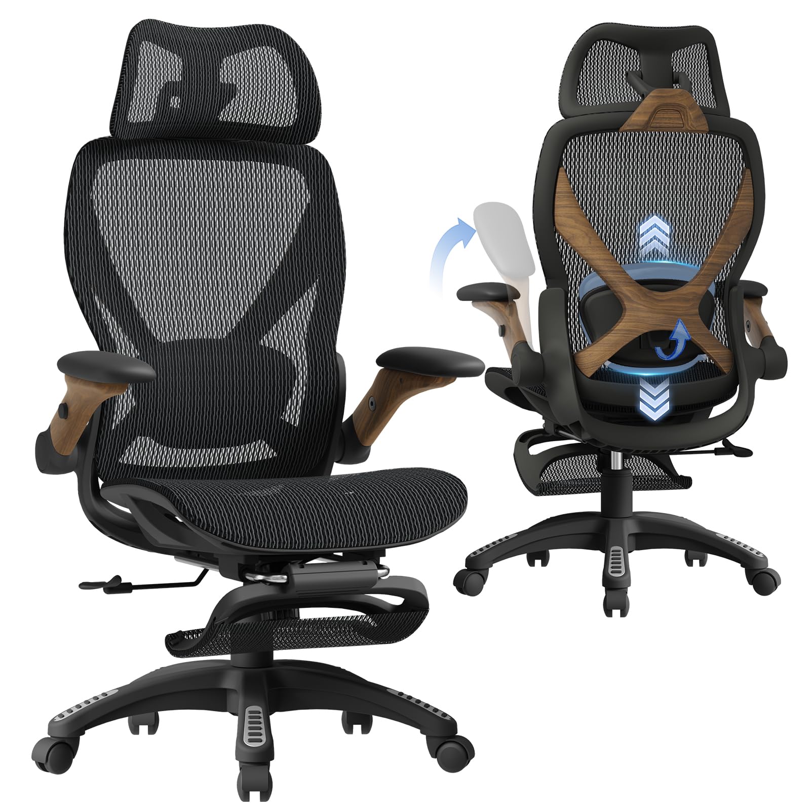 Ergonomic Office Chair with Footrest, Big and Tall Home Desk Chair with 5D Flip-Up Arms, Adjustable 3D Lumbar Support,High Back Rolling Computer Chair, Swivel Mesh Chairs (Library Oak)