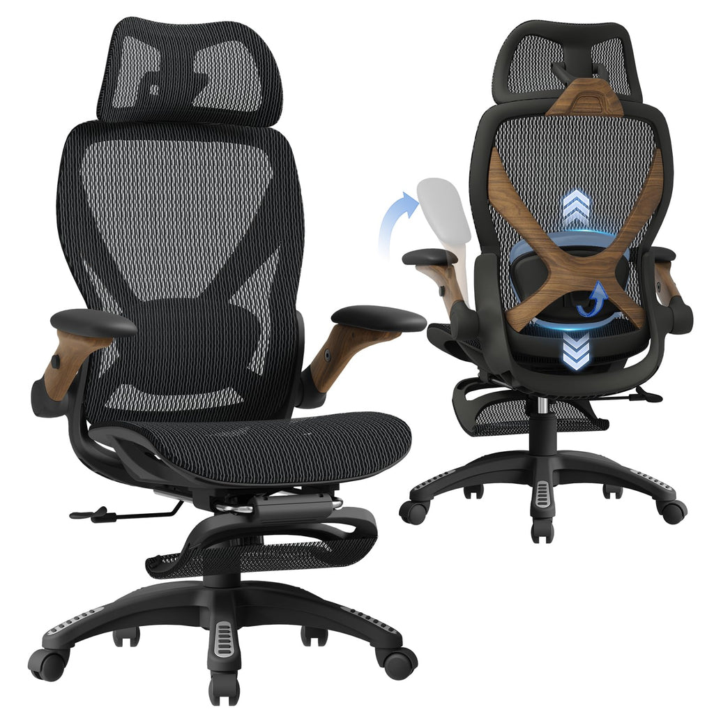 Ergonomic Office Chair with Footrest, Big and Tall Home Desk Chair with 5D Flip-Up Arms, Adjustable 3D Lumbar Support,High Back Rolling Computer Chair, Swivel Mesh Chairs (Library Oak)