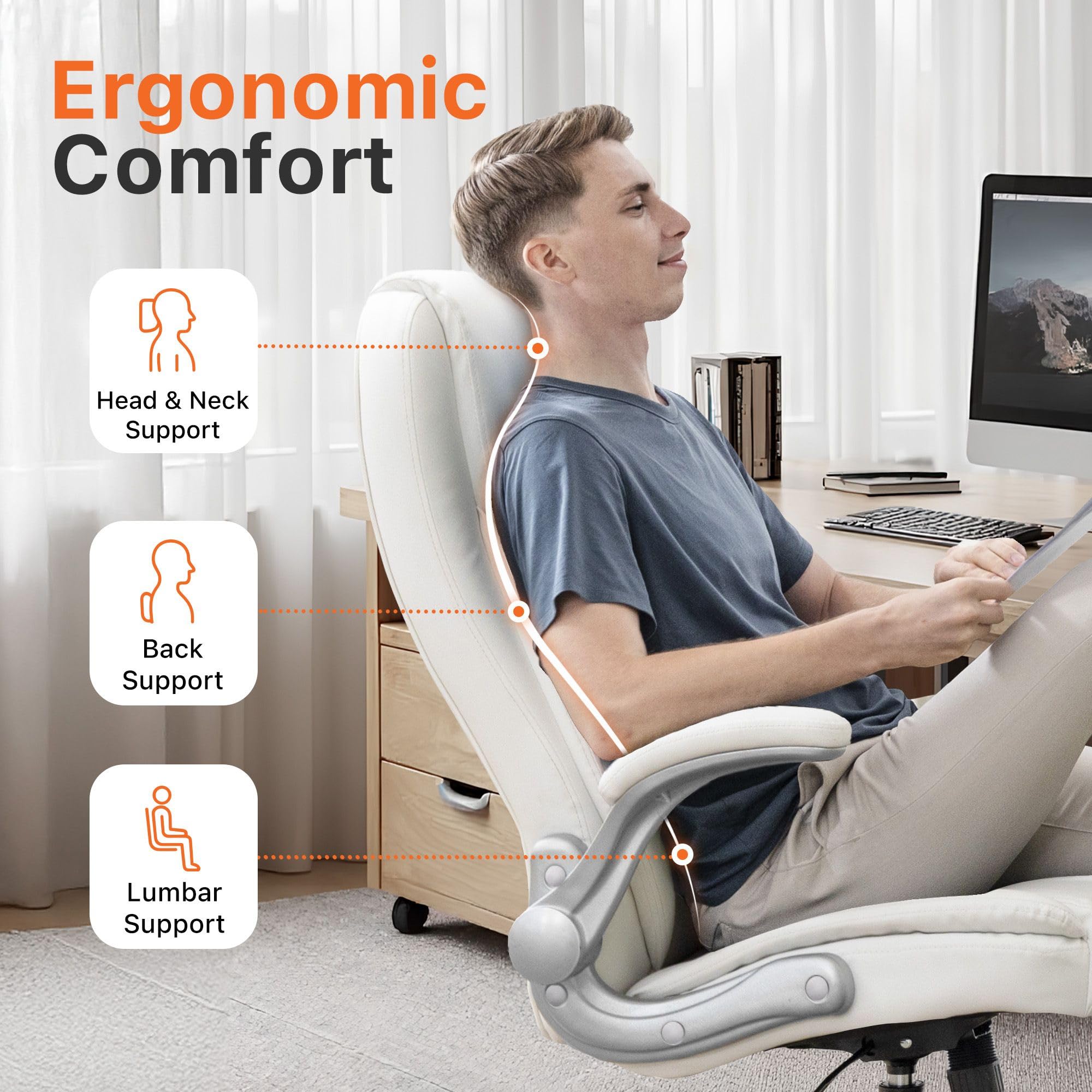 Office Desk Gaming Computer Home Chair Ergonomic Executive High Back Support Flip-up Arms Adjustable Height Swivel Rolling Wheels Comfy PU Leather (White)
