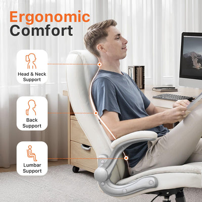 Office Desk Gaming Computer Home Chair Ergonomic Executive High Back Support Flip-up Arms Adjustable Height Swivel Rolling Wheels Comfy PU Leather (White)