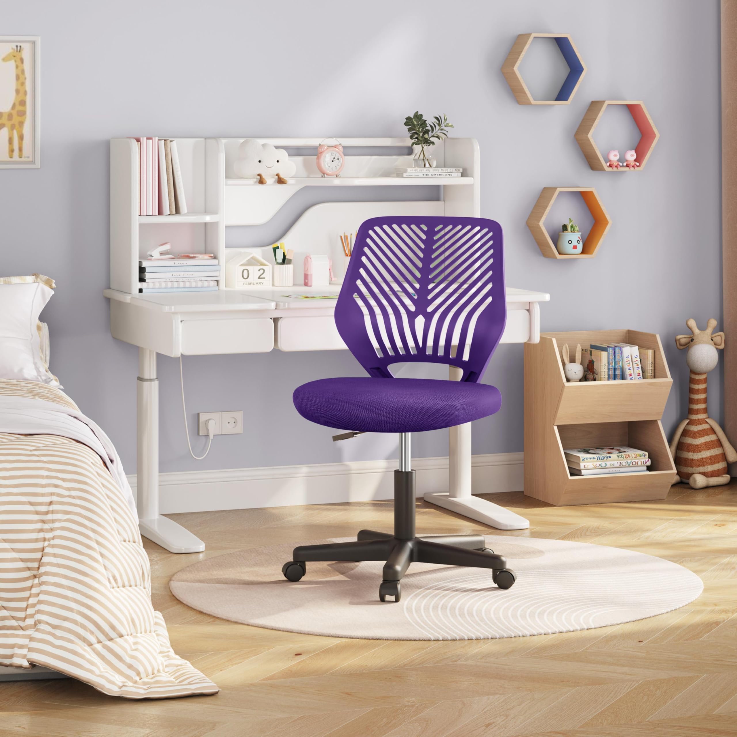 Students Cute Desk Chair Low-Back Armless Study Chair w/Lumbar Support Adjustable Swivel Chair in Home Bedroom School, Purple