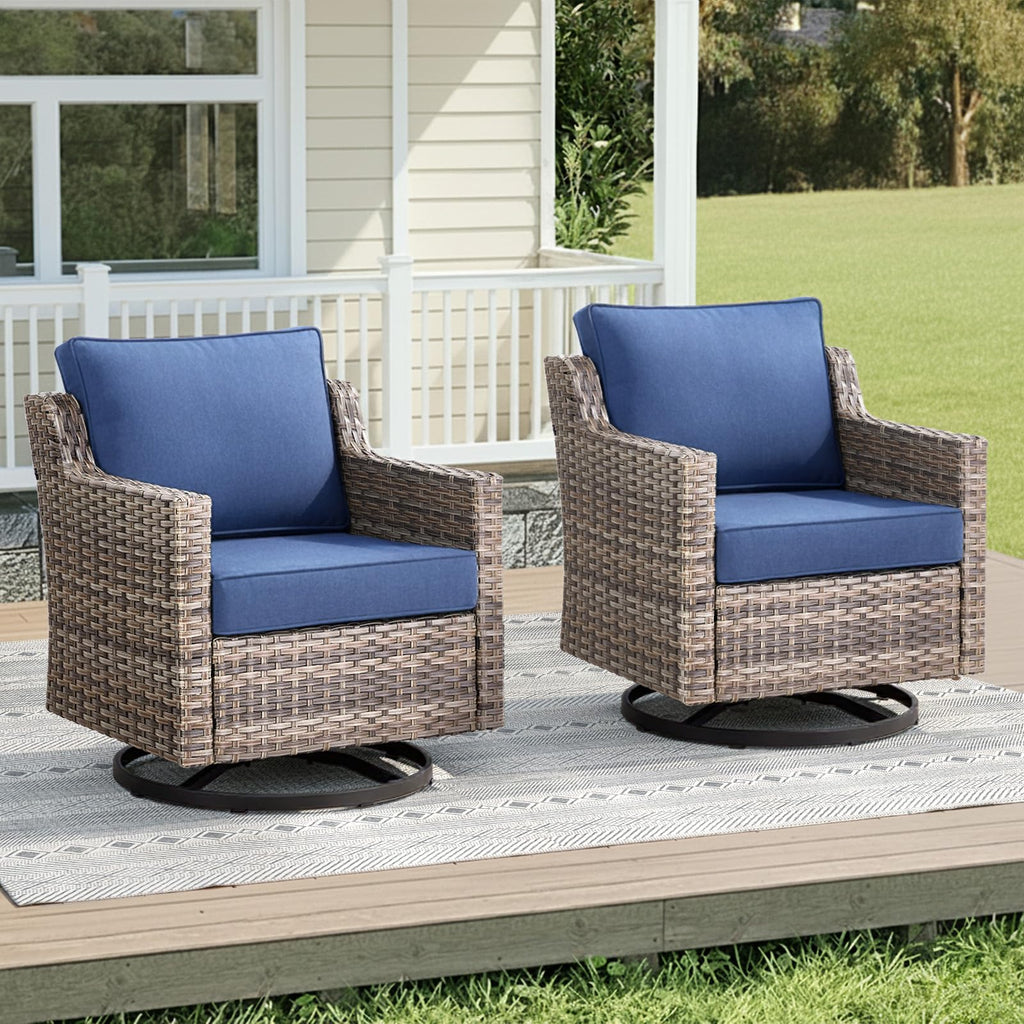 Outdoor Swivel Rocker Patio Chairs-High Back Wicker Swivel Rocker Patio Chairs Set of 2,PE Wicker Chair Patio Furniture Sets with Covered Cushions for Porch Balcony Patio Grey/Blue