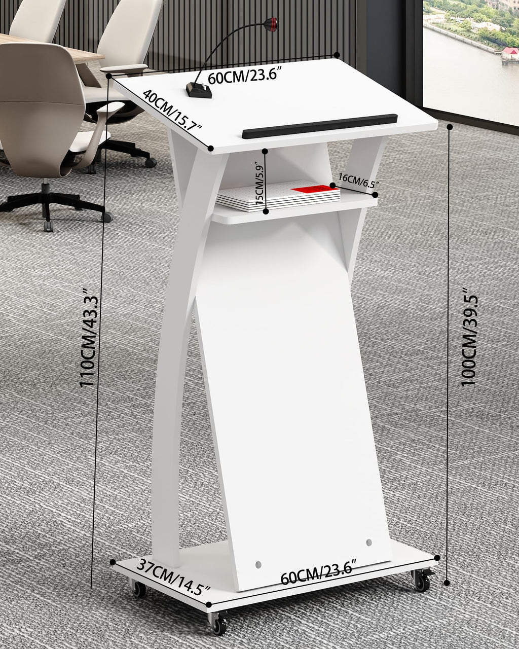 Mobile Wooden Podium Stand with Wheels Lectern White 16MM Wood Board Elegant Design Wooden Churche Pulpit
