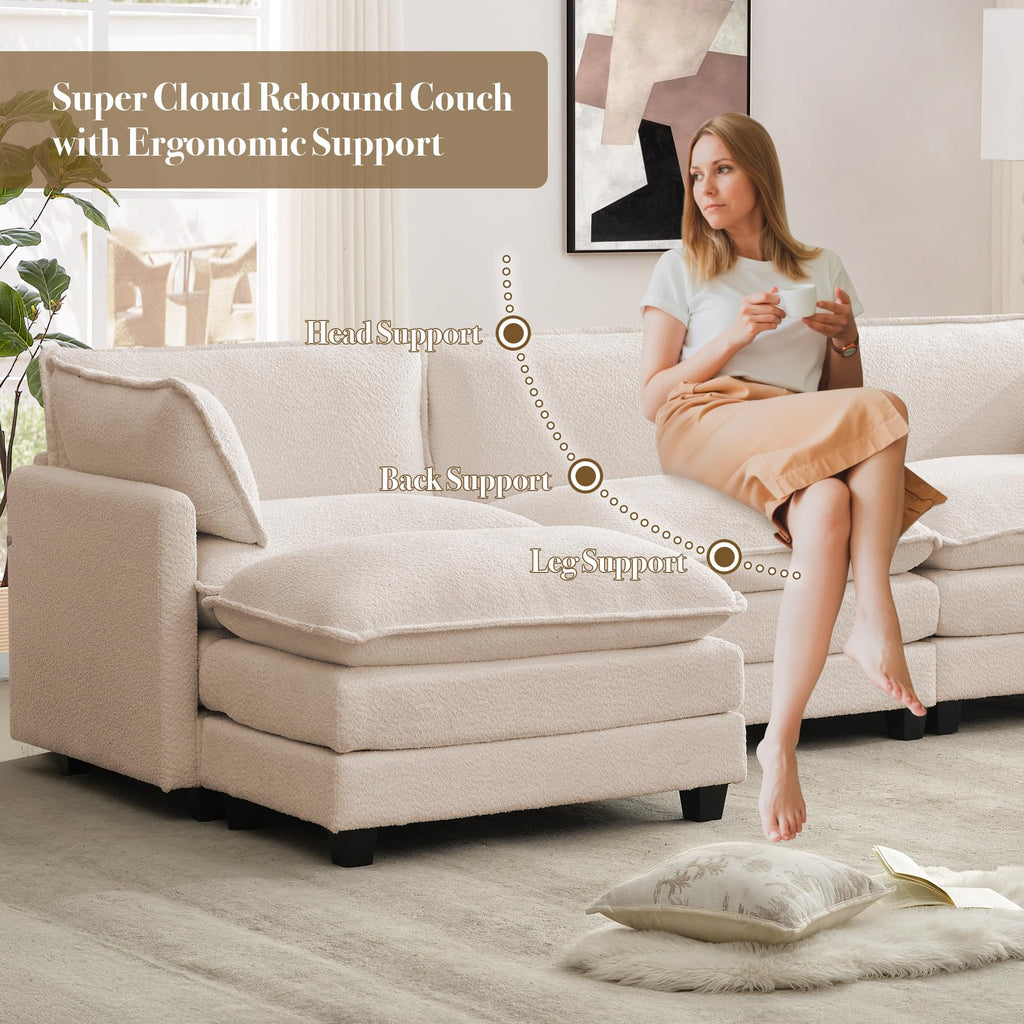 112'' Modular Sectional Cloud Couch with Movable Ottoman, 4 Seat Modern Chenille Sofa with 2 Throw Pillows, Deep Seat L Shaped Couch for Living Room Bedroom Apartment, Beige