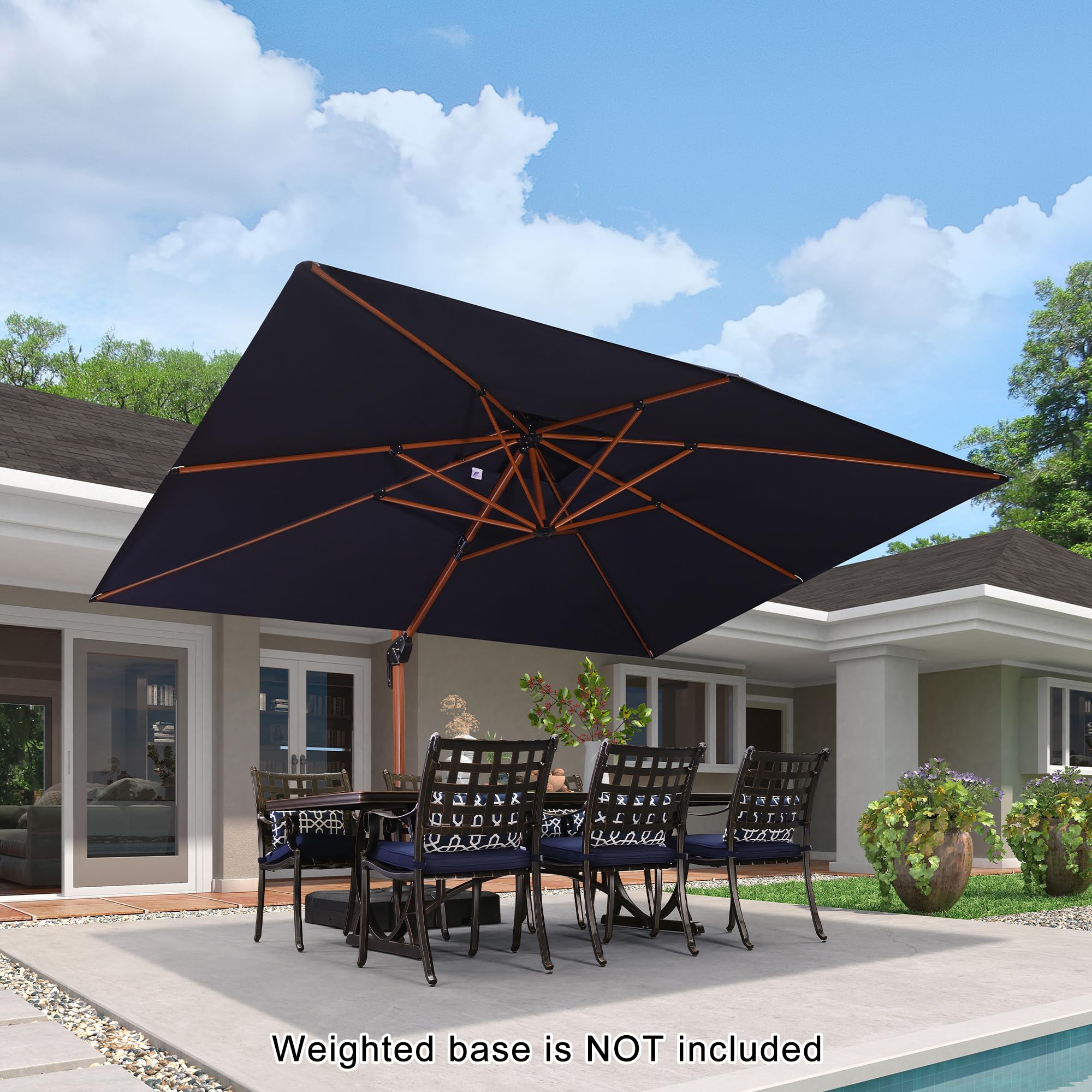 10' X 13' Double Top Deluxe Wood Pattern Rectangle Patio Umbrella Offset Hanging Umbrella Outdoor Market Umbrella Garden Umbrella, Navy Blue