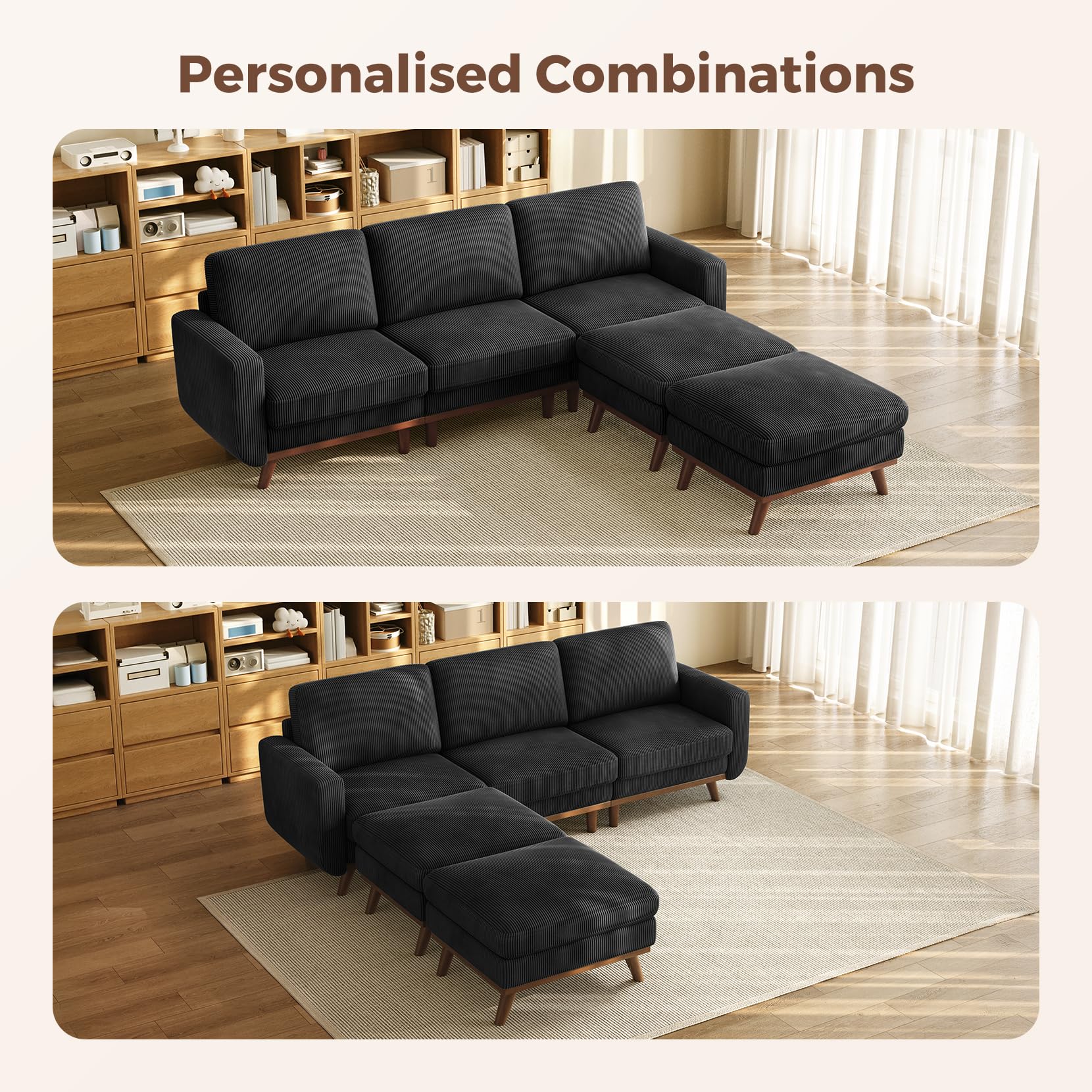 97" Modular Sectional Sofa Black, U-Shaped Couch with Movable Ottoman, Comfy Corduroy Couch with Spring Cushion, Modular Sofa with Deep Seat for Living Room, Bedroom and Apartment