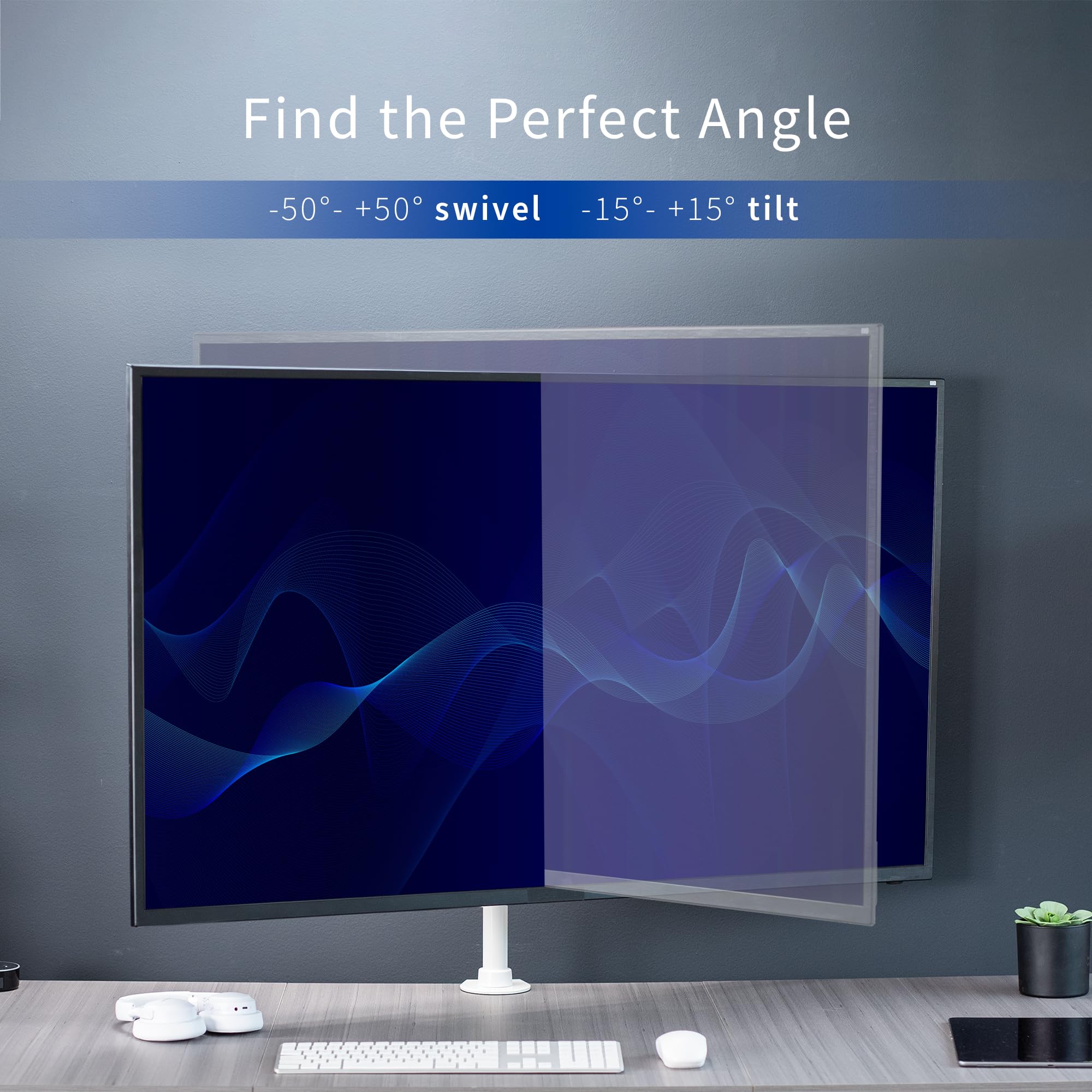 Ultra Wide TV Desk Mount for up to 55 inch Screens Weighing 66 lbs, Full Motion Height Adjustable Single Television Stand, White, STAND-V155CW