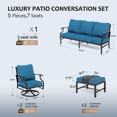 5 Piece Patio Furniture Set, 2 x Swivel Chair, 2 x Ottoman, 1 x 3-Seat Sofa, All Cushioned 7 Seats Metal Outdoor Conversation Set for Lawn Garden Backyard