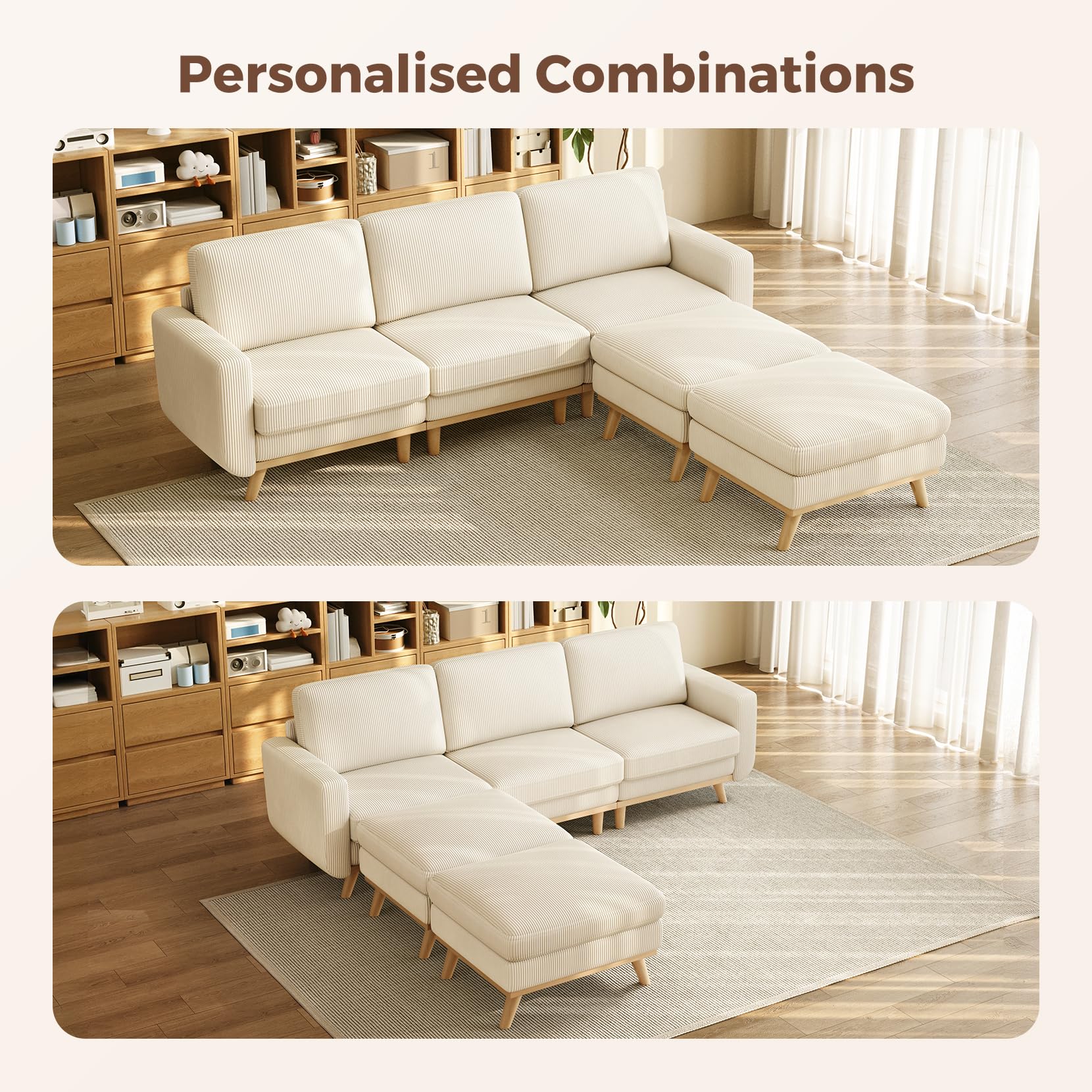 97" Modular Sectional Sofa Beige, U-Shaped Couch with Movable Ottoman, Comfy Corduroy Couch with Spring Cushion, Modular Sofa with Deep Seat for Living Room, Bedroom and Apartment