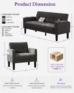 Sofa Couch, Living Room Furniture Sectional Sofa Sets 2 Pcs, Tufted Mid-Century Loveseat w/USB, Cupholders & Comfy Single Sofa for Small Space, Apartment, Office (Dark Grey)