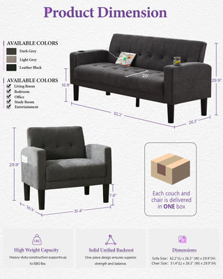 Sofa Couch, Living Room Furniture Sectional Sofa Sets of 3 Pcs, Tufted Mid-Century Loveseat w/USB, Cupholders & Comfy Single Sofa for Small Space, Apartment, Office (Dark Grey)