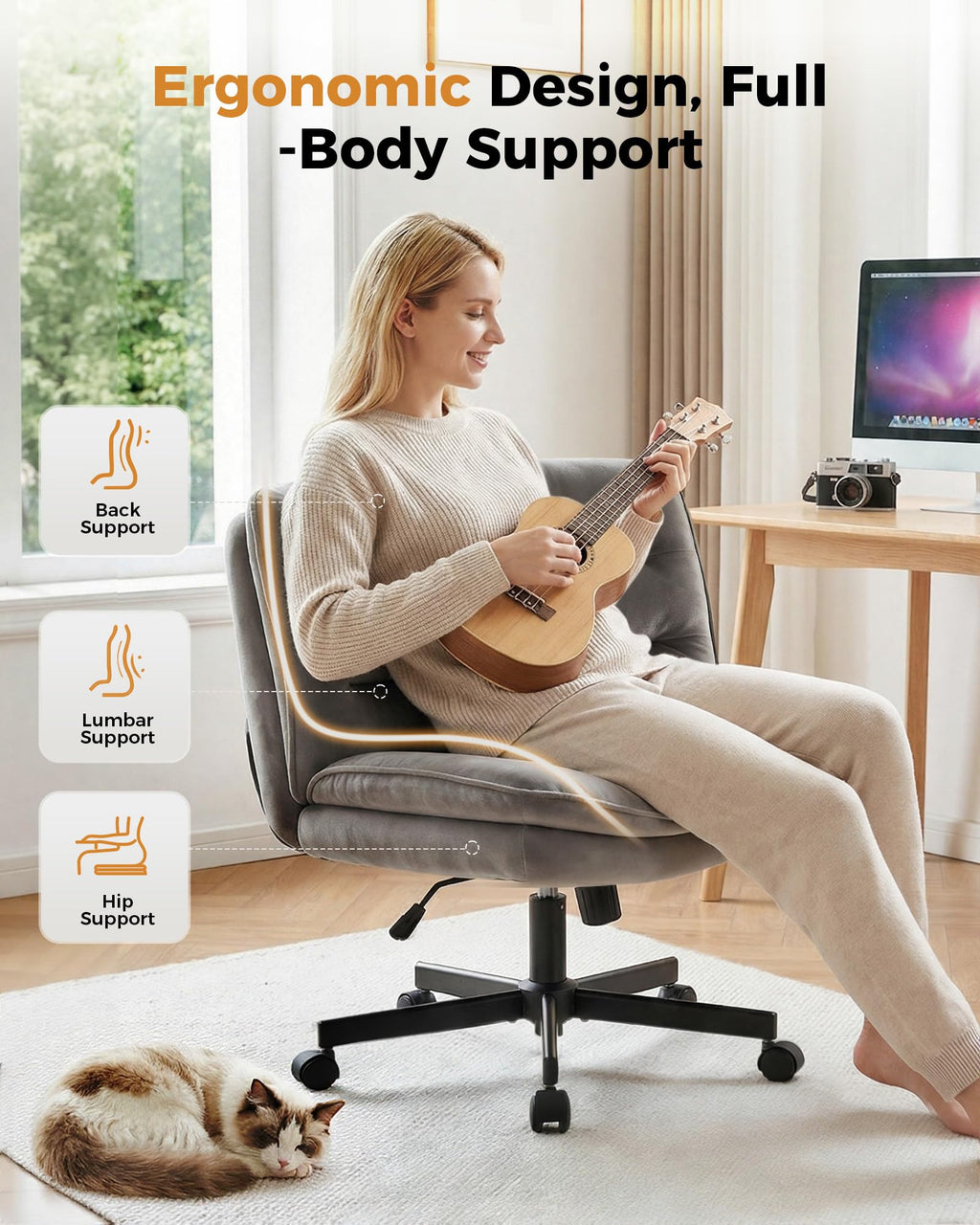 Criss Cross Office Chair with Wheels Armless Desk Chair Comfy, Modern Vanity Chair for Home Bedroom, Comfortable Wide Seat for Lower Back Pain Relief, Soft Velvet, Gray