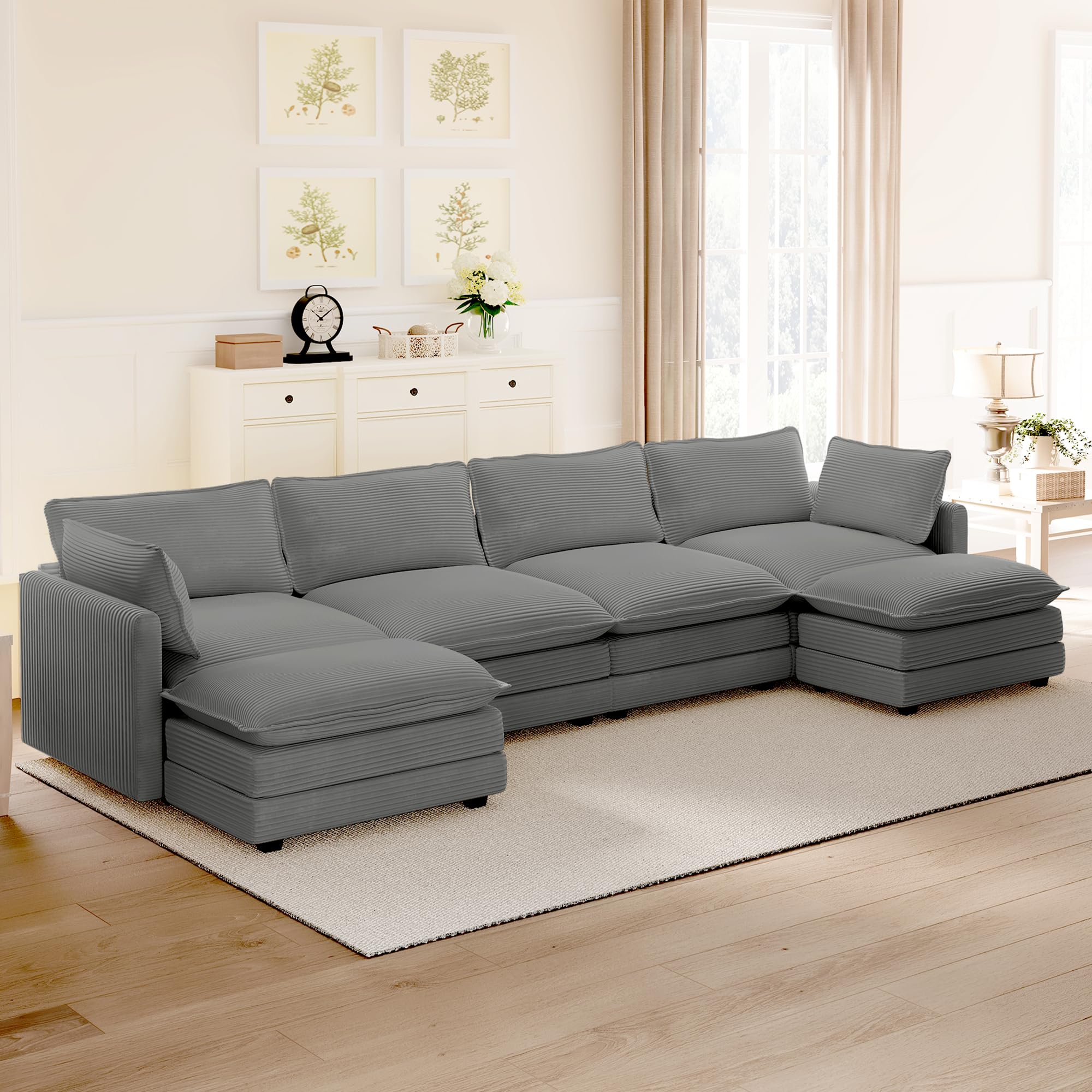 148'' Sectional Cloud Couch with 2 Ottomans, Oversized 4 Seat Sleeper Sofa with 2 Throw Pillows, Convertible Upholstered U Shaped Cozy Sofa Furniture Set for Living Room and Office, Dark Grey