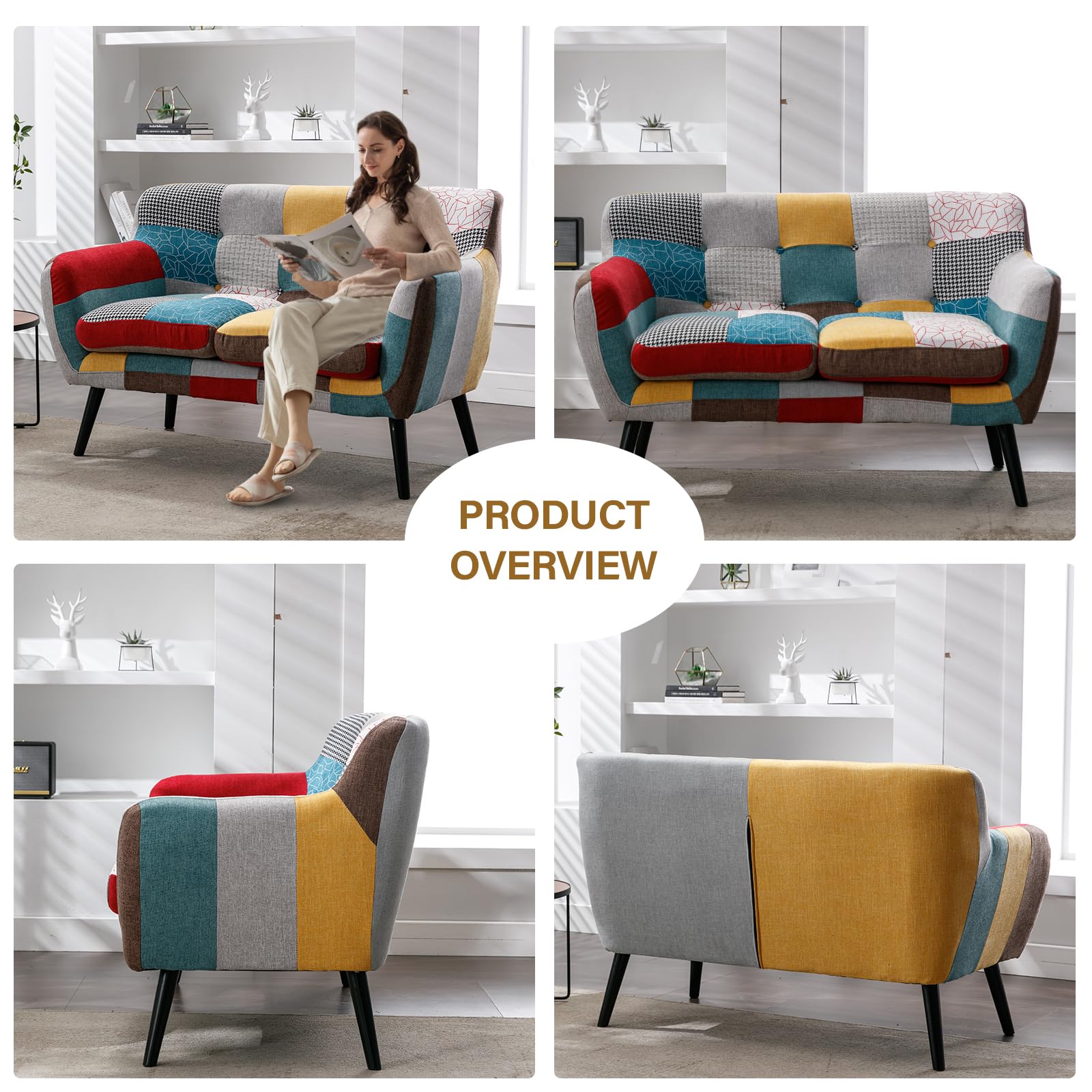 Modern Boho Loveseat Couch Sofa Chair for Living Room Bedroom, Upholstered Colorful Plaid Fabric 2-Seat Love Seat Sofa with Wood Leg for Small Space, One Loveseat