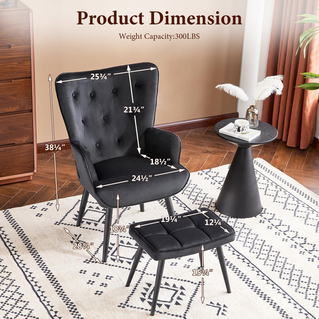 Velvet Accent Chair with Ottoman, Upholstered Reading Chair with High Backrest, Tufted-Button Wingback Armchair for Bedroom, Dressing Room, Home Office, Black