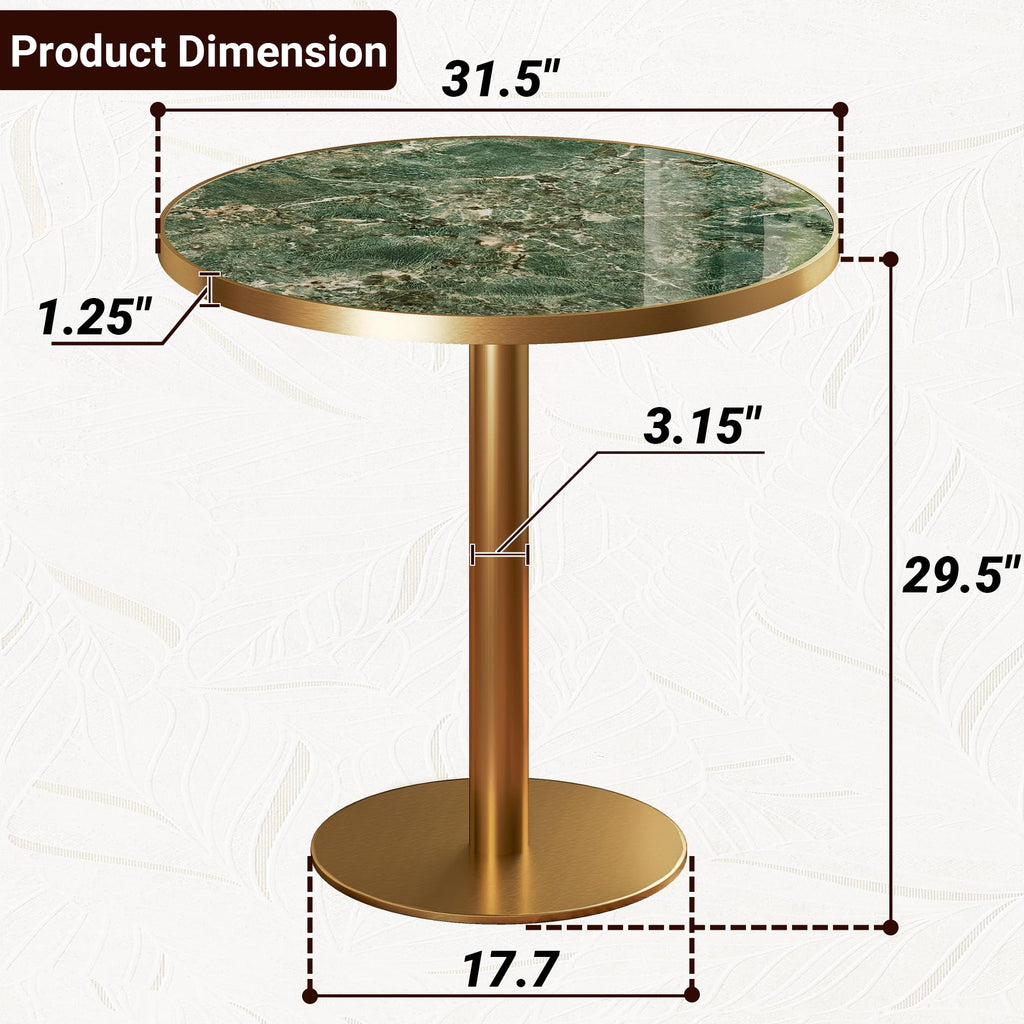 31.5" Tulip Table,Round Kitchen Dining Table for 2-4 with Thick Sintered Stone Top,Titanium Golden Pedestal Base,Heat-Resistant,Bistro Table for Dining Room,Café,Small Space（Emerald Essence）